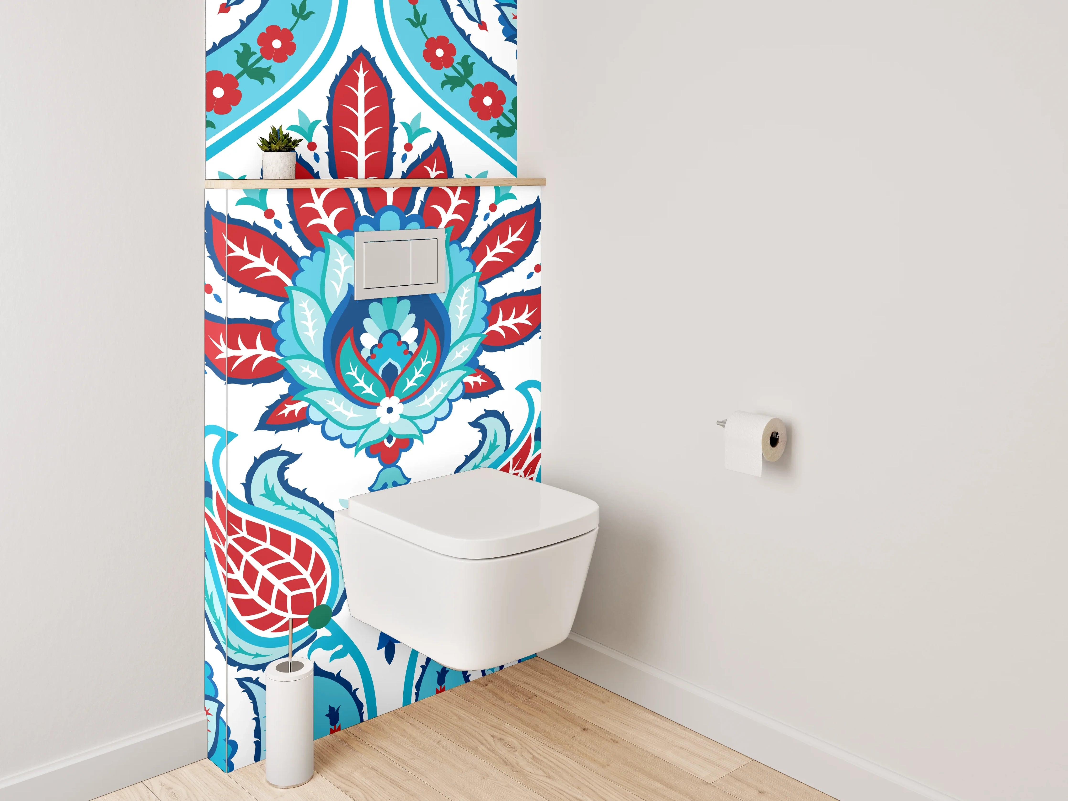 WC-Rückwand - Orientalisches Blütenmuster Rot Blau Türkis