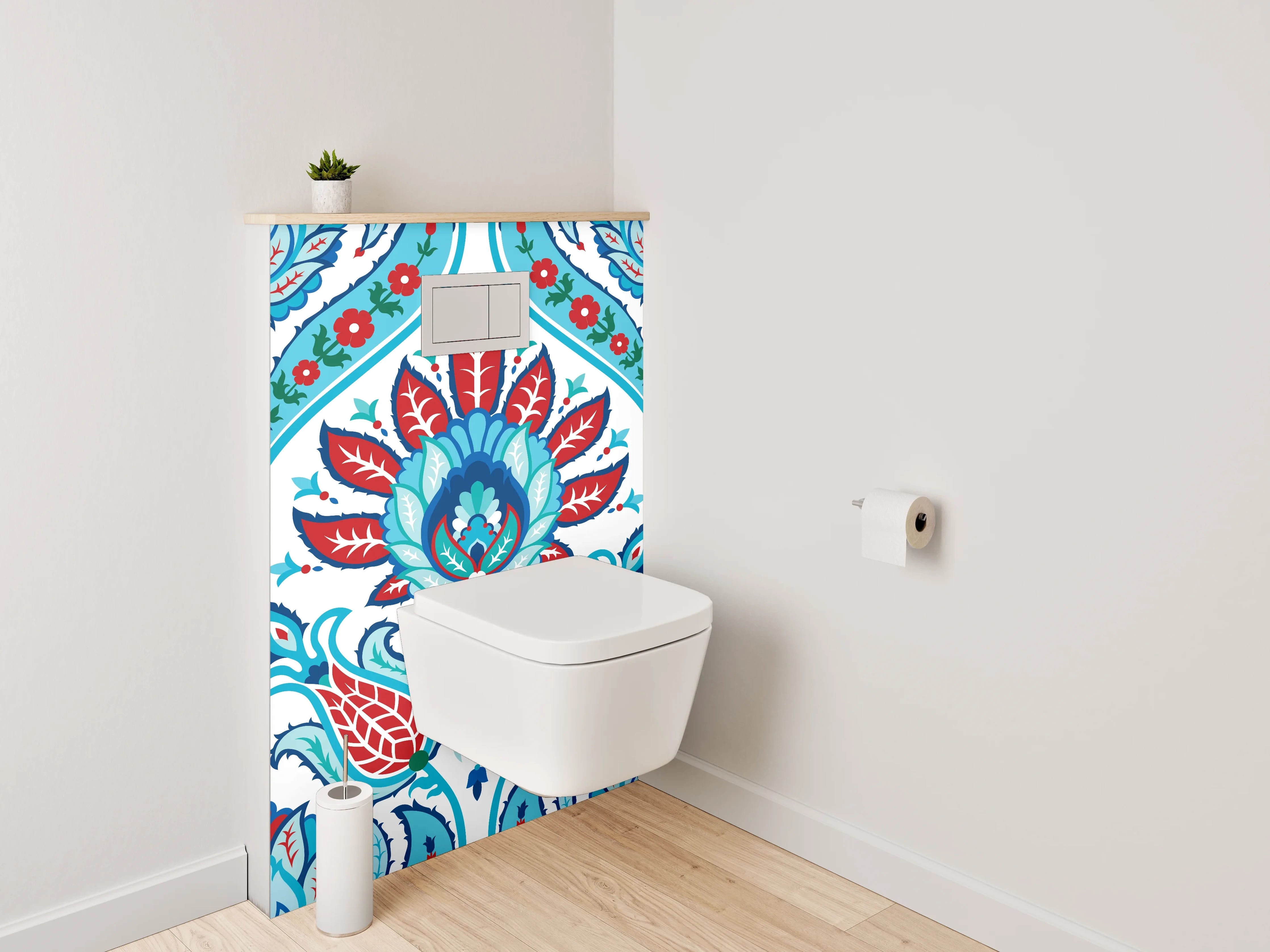 WC-Rückwand - Orientalisches Blütenmuster Rot Blau Türkis