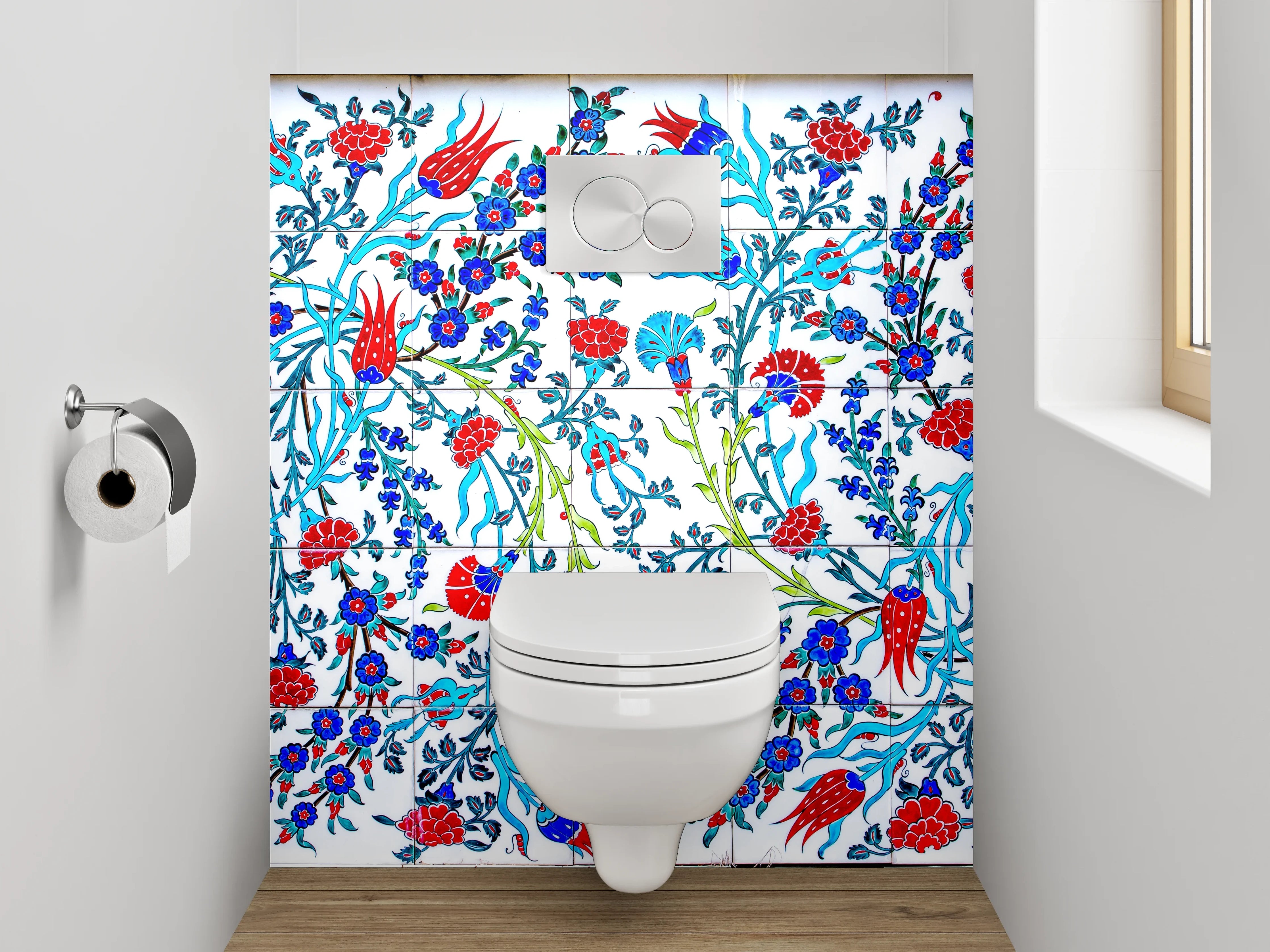 WC-Rückwand - Orientalisches Blumenmuster Mosaikfliesen Blau Rot