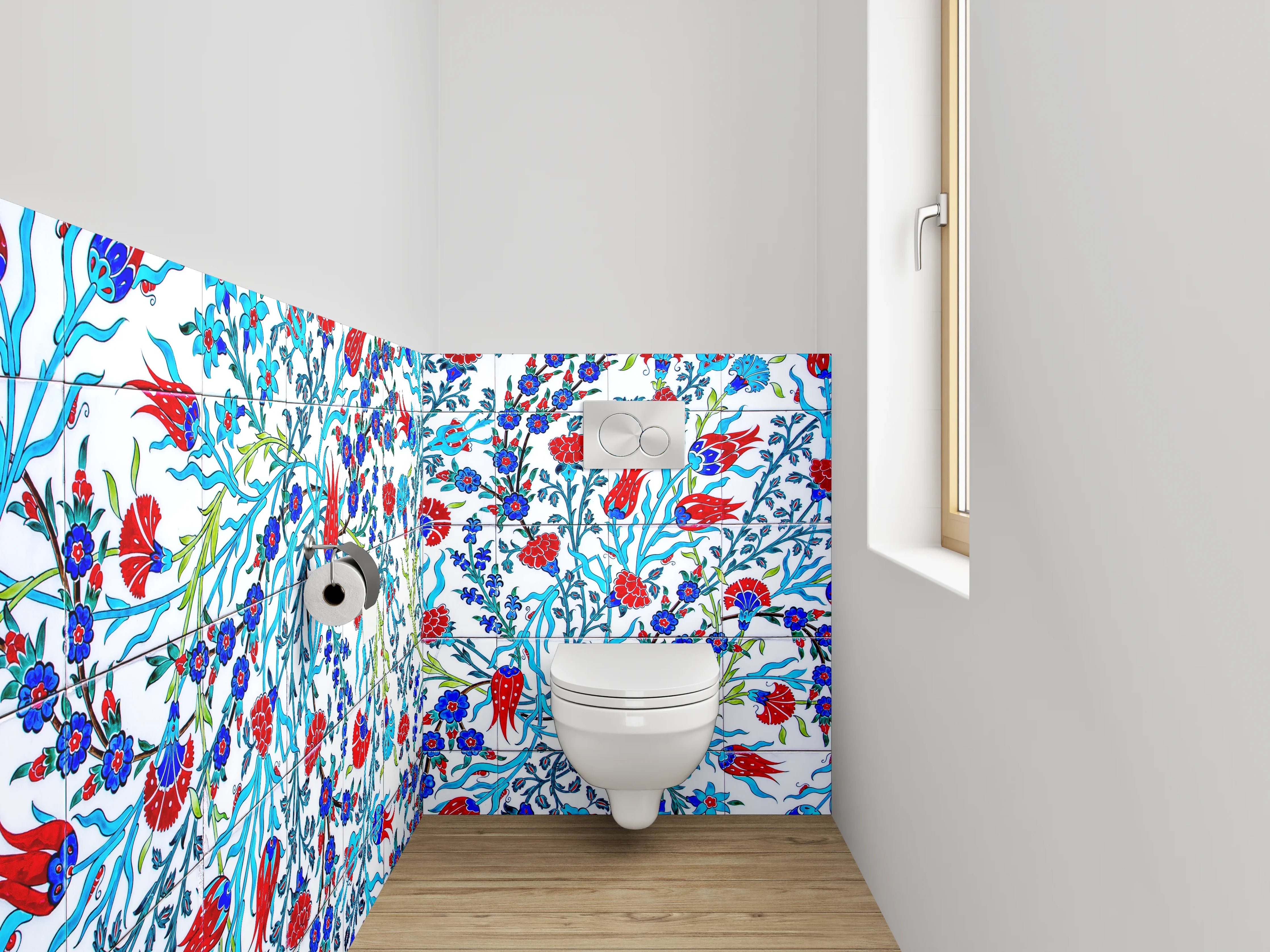 WC-Rückwand - Orientalisches Blumenmuster Mosaikfliesen Blau Rot
