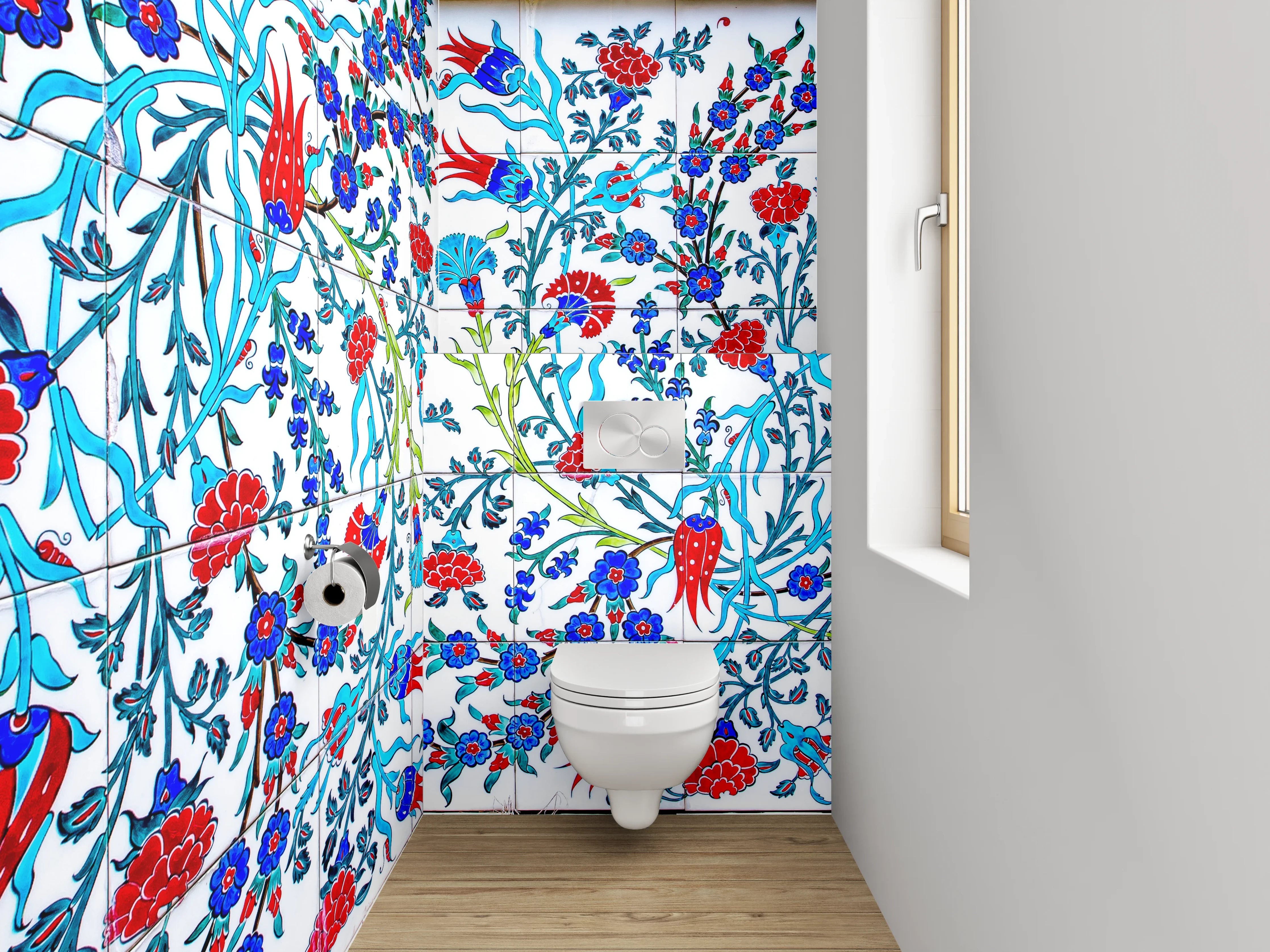 WC-Rückwand - Orientalisches Blumenmuster Mosaikfliesen Blau Rot