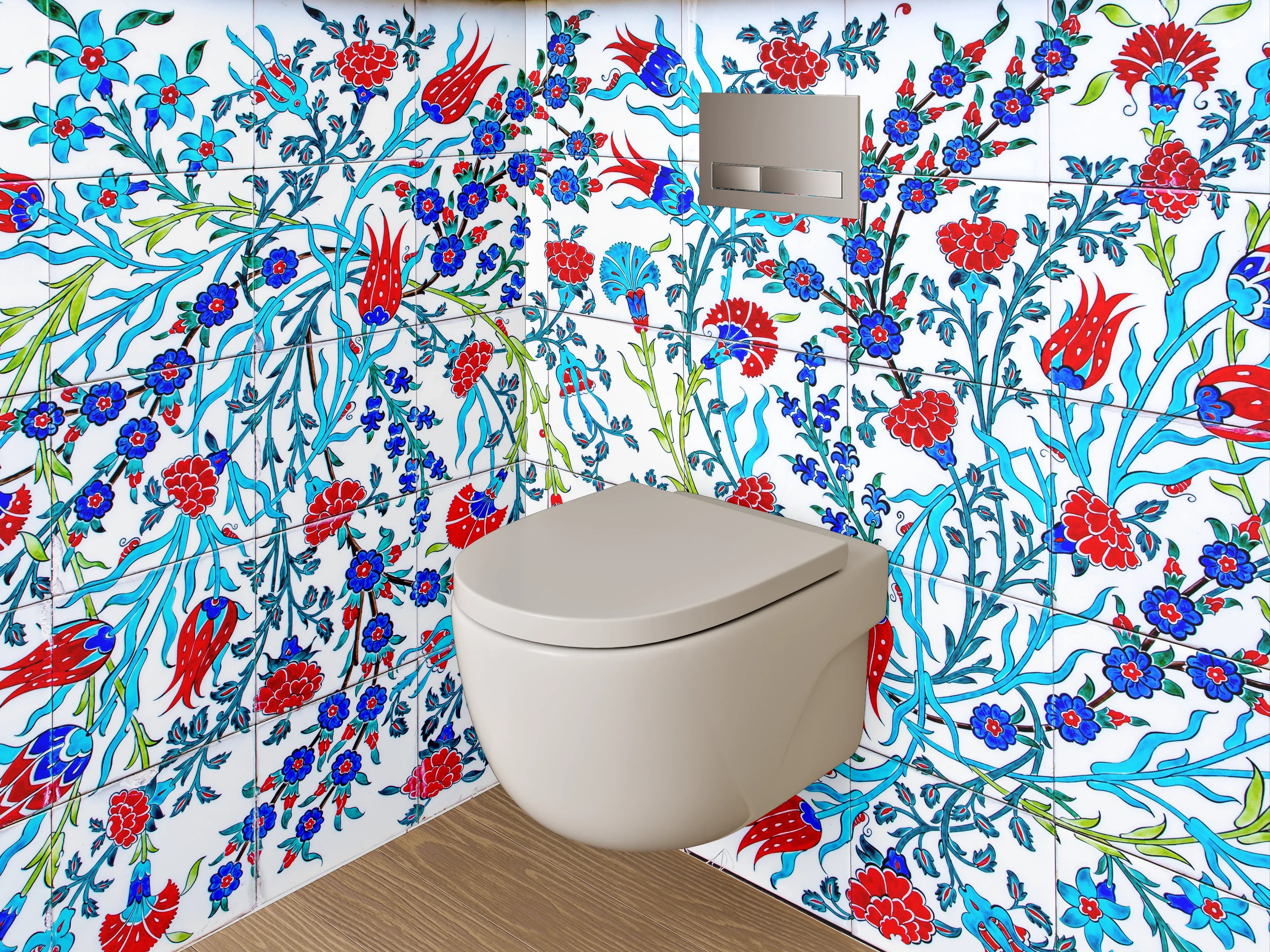 WC-Rückwand - Orientalisches Blumenmuster Mosaikfliesen Blau Rot