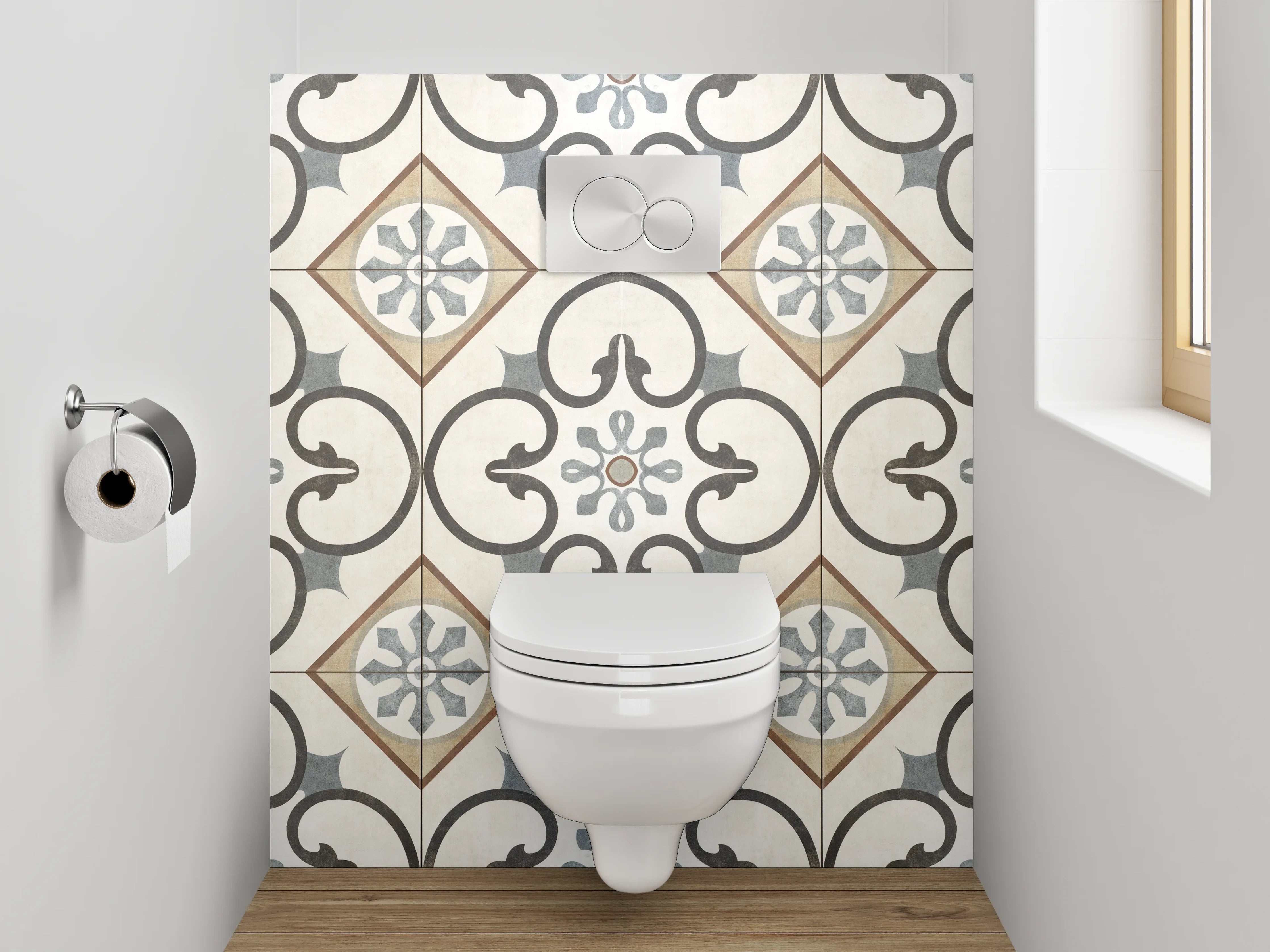 WC-Rückwand - Orientalisches Fliesenmuster Beige Grau