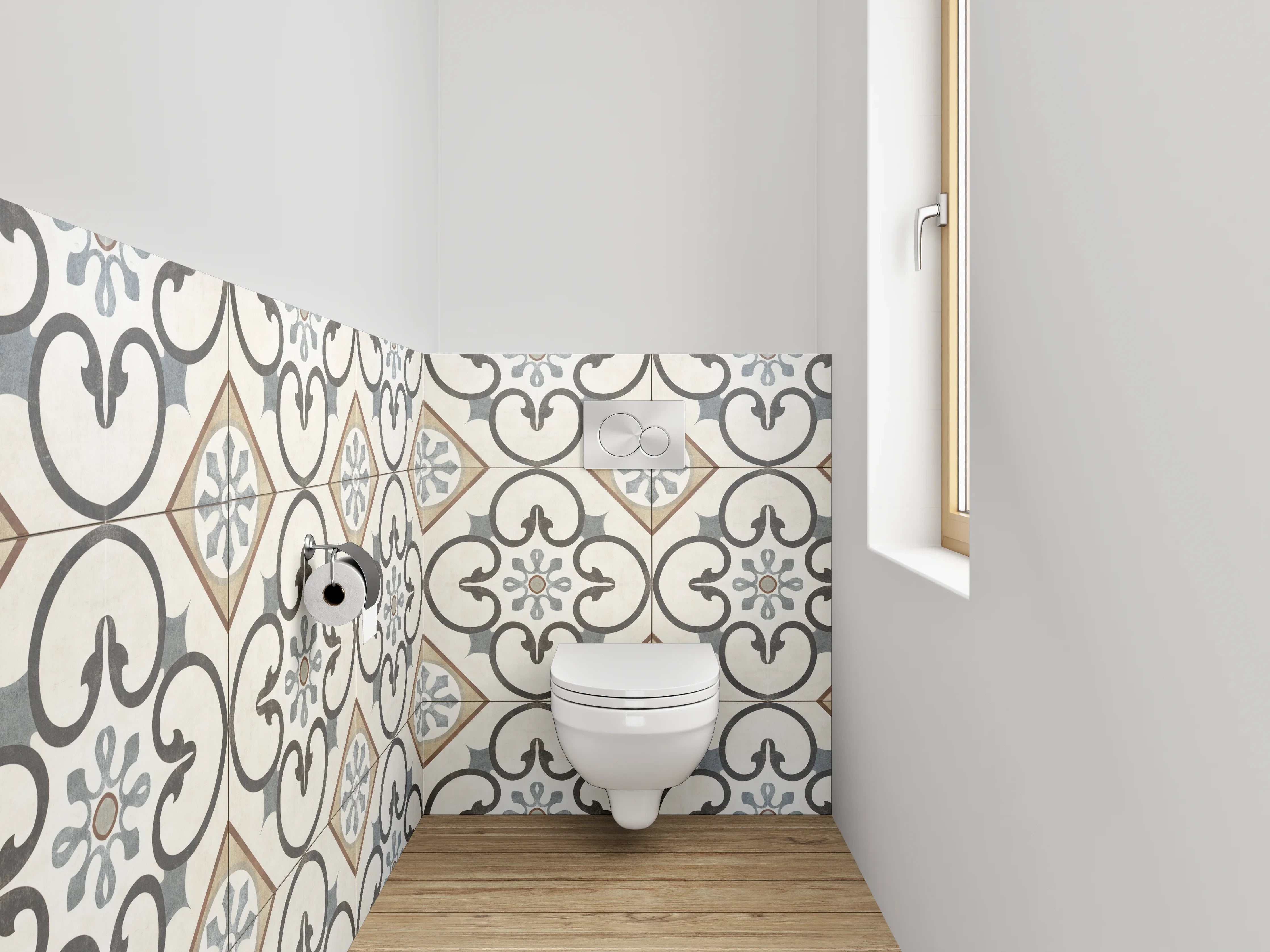 WC-Rückwand - Orientalisches Fliesenmuster Beige Grau