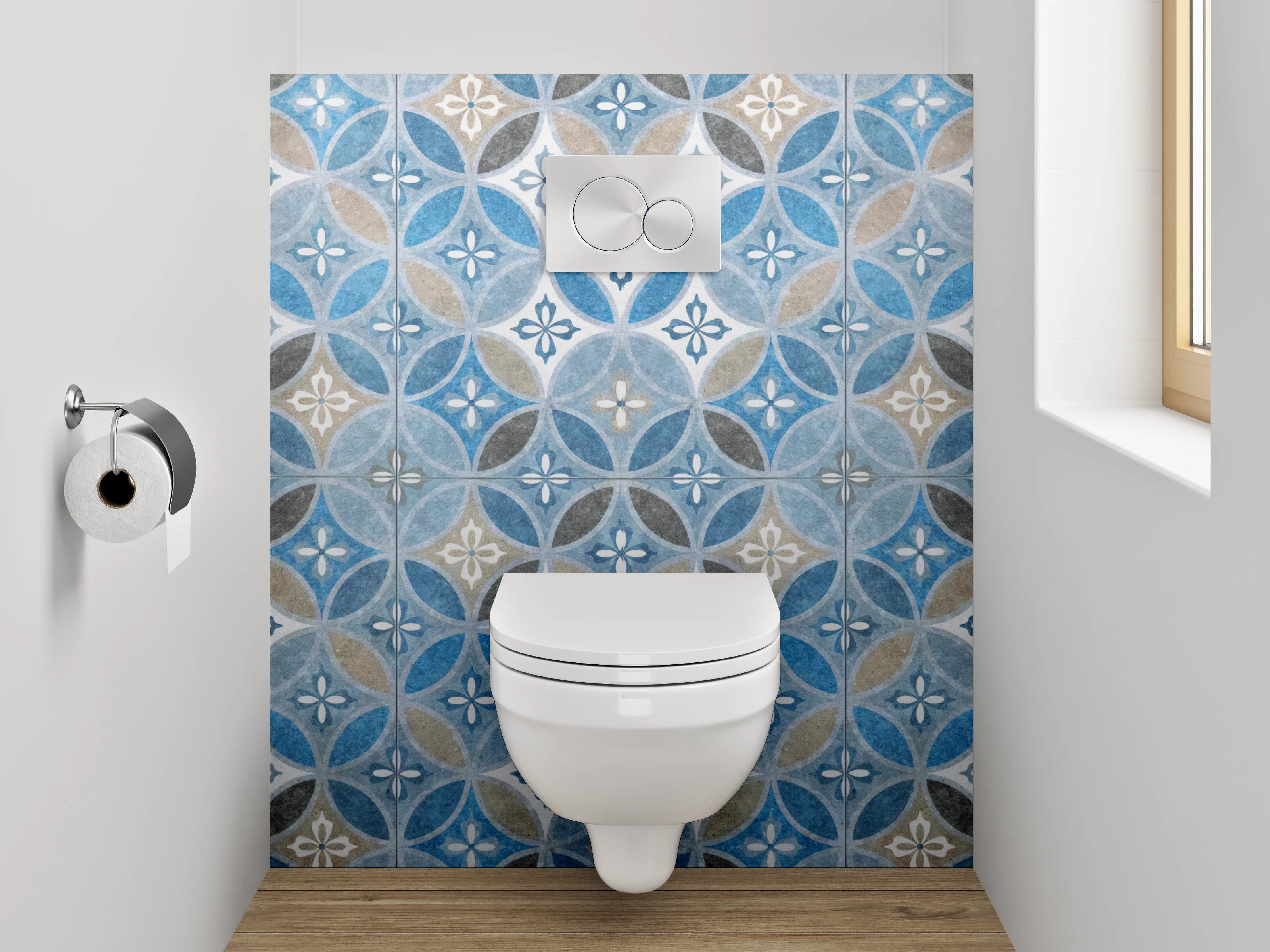 WC-Rückwand - Orientalisches Fliesenmuster Blau Braun Grau