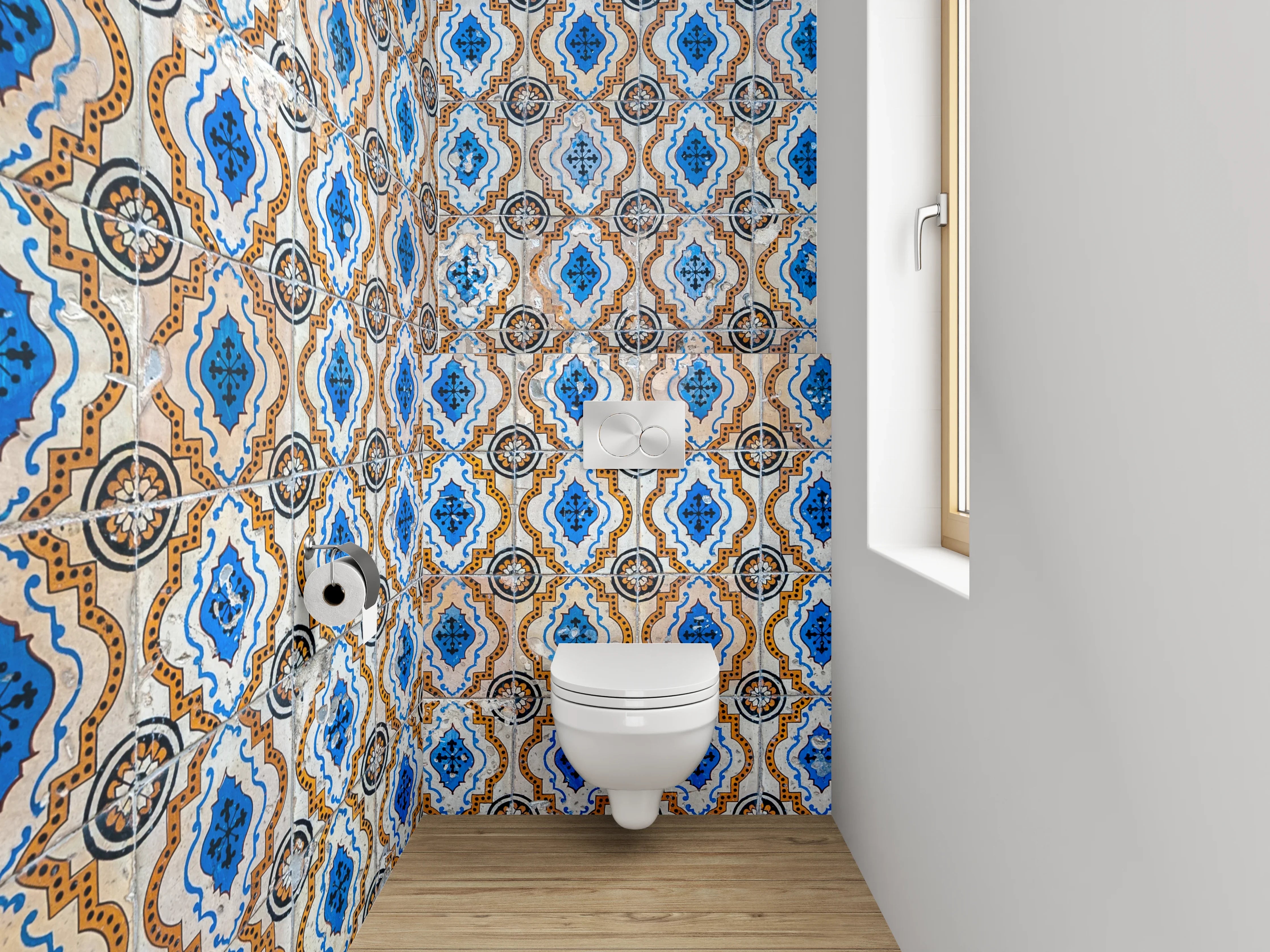 WC-Rückwand - Orientalisches Fliesenmuster Blau Braun