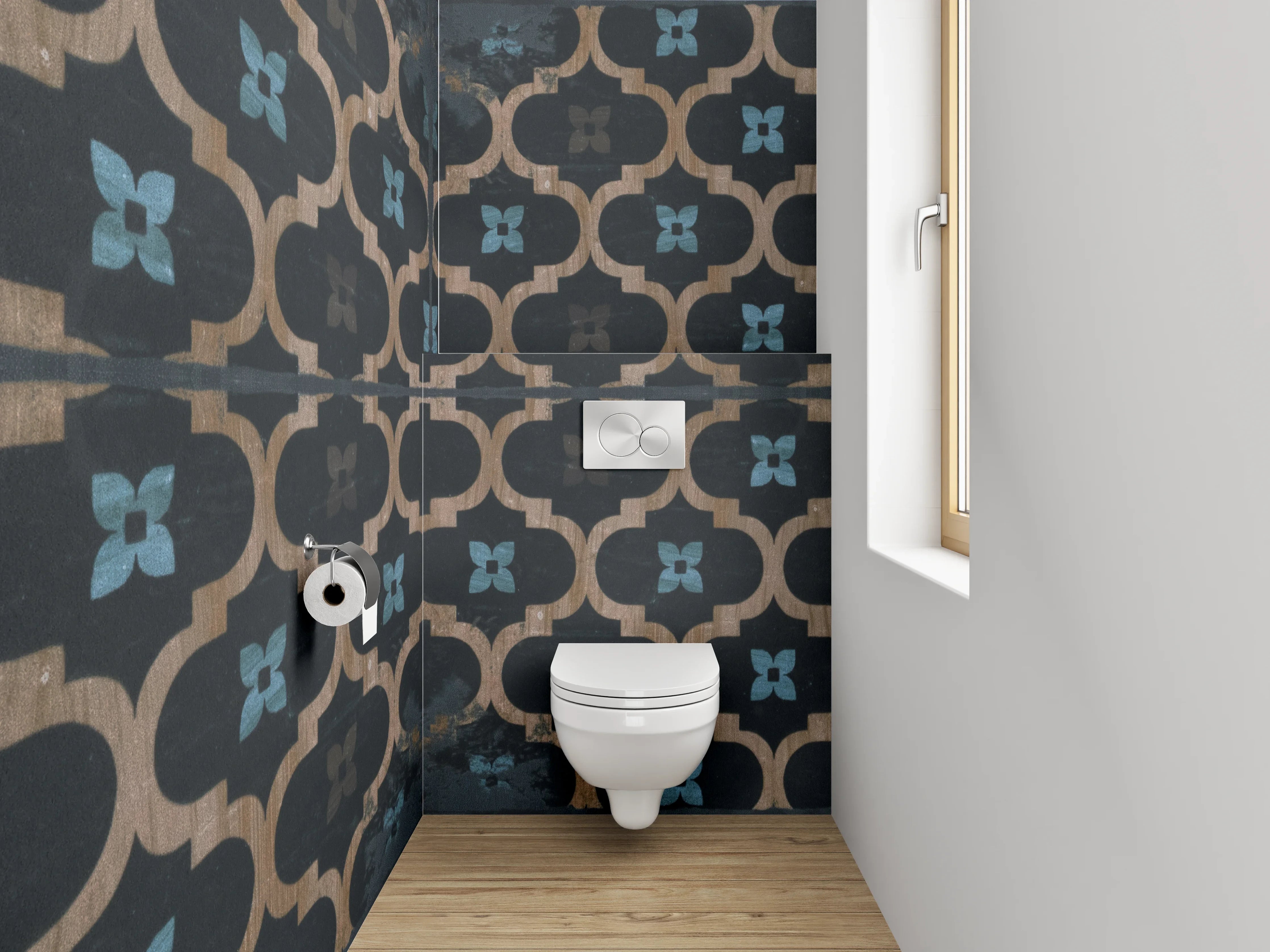 WC-Rückwand - Orientalisches Fliesenmuster Dunkelbraun Blau