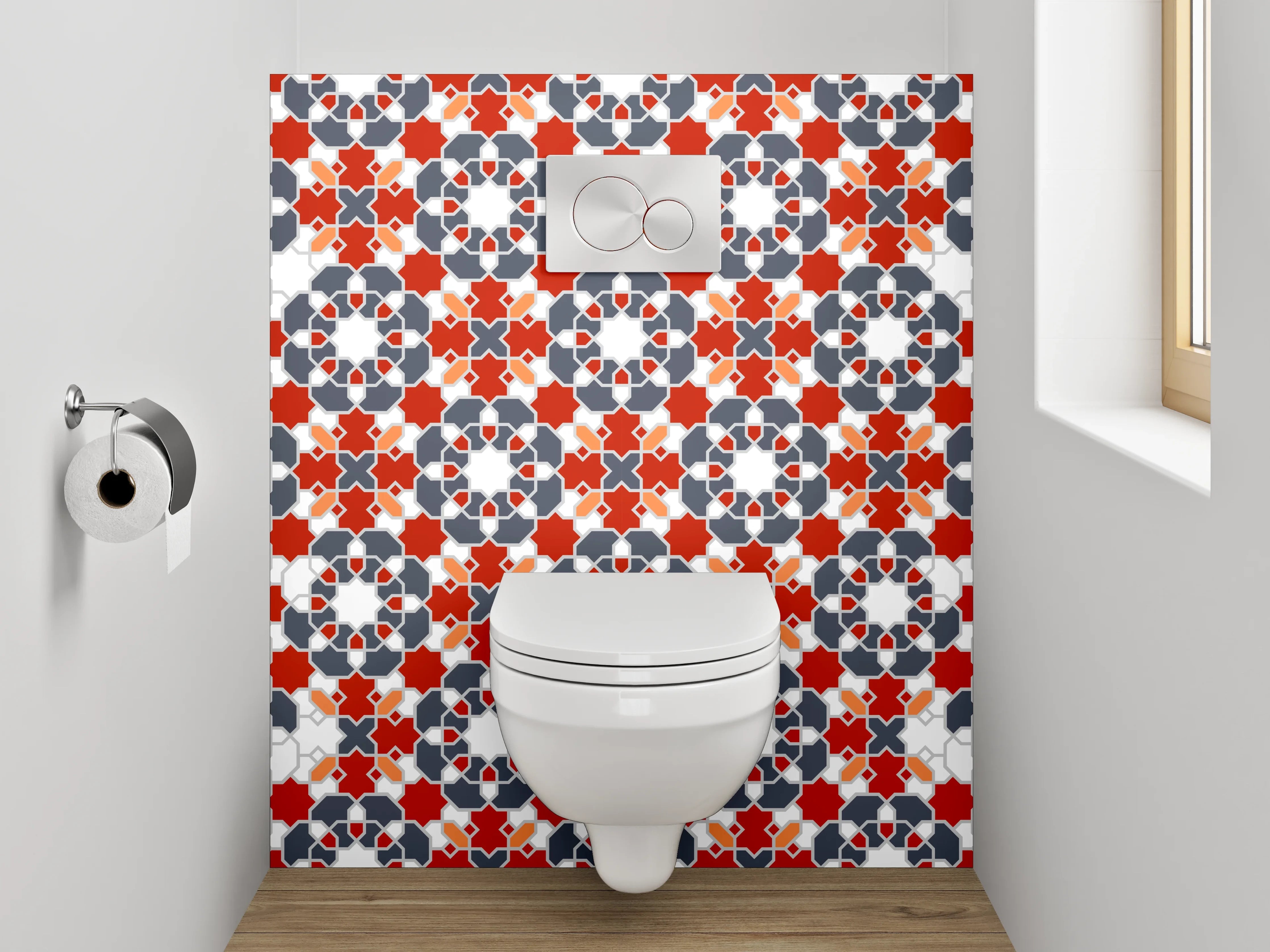 WC-Rückwand - Orientalisches Fliesenmuster Rot Grau