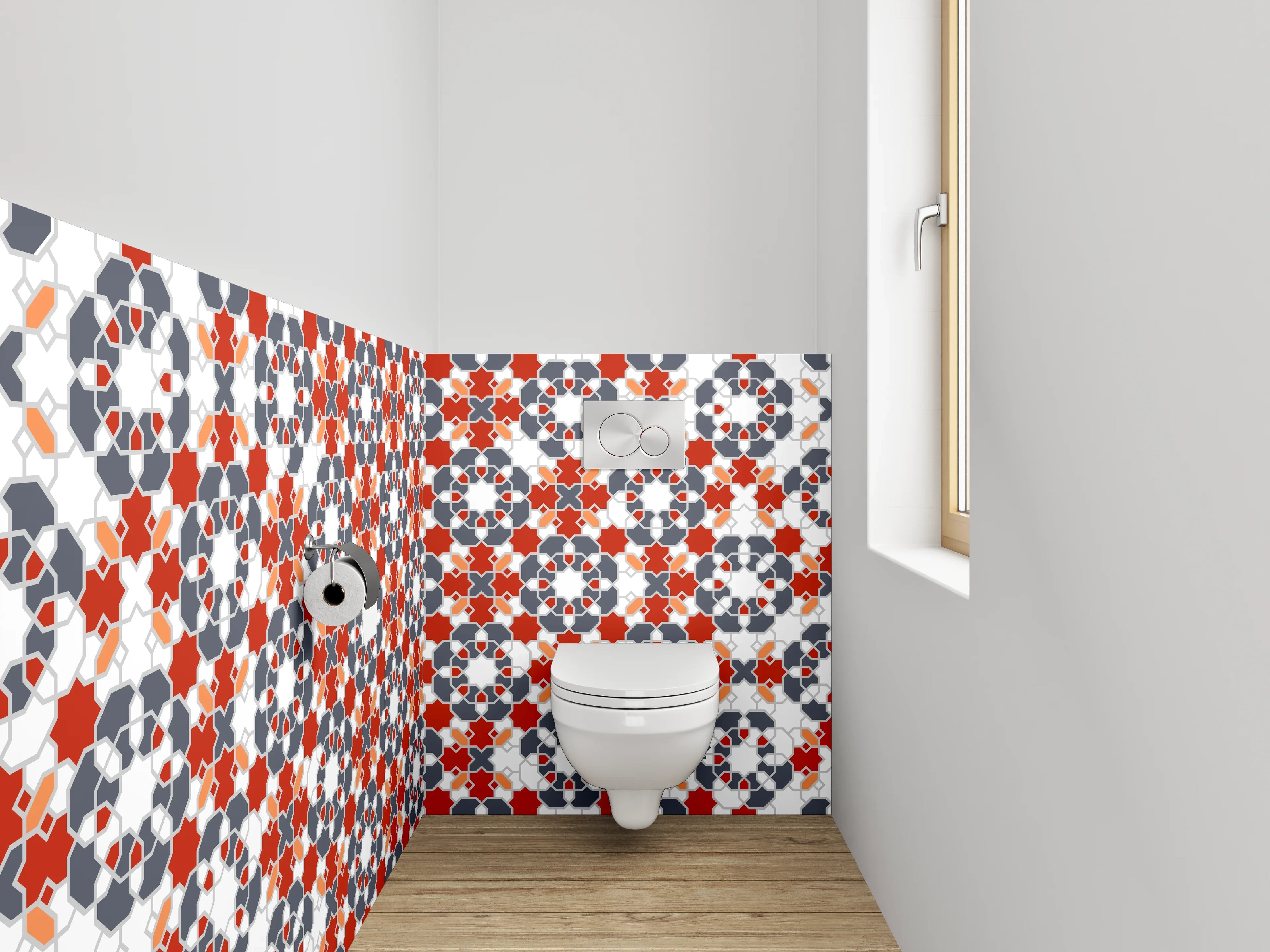 WC-Rückwand - Orientalisches Fliesenmuster Rot Grau