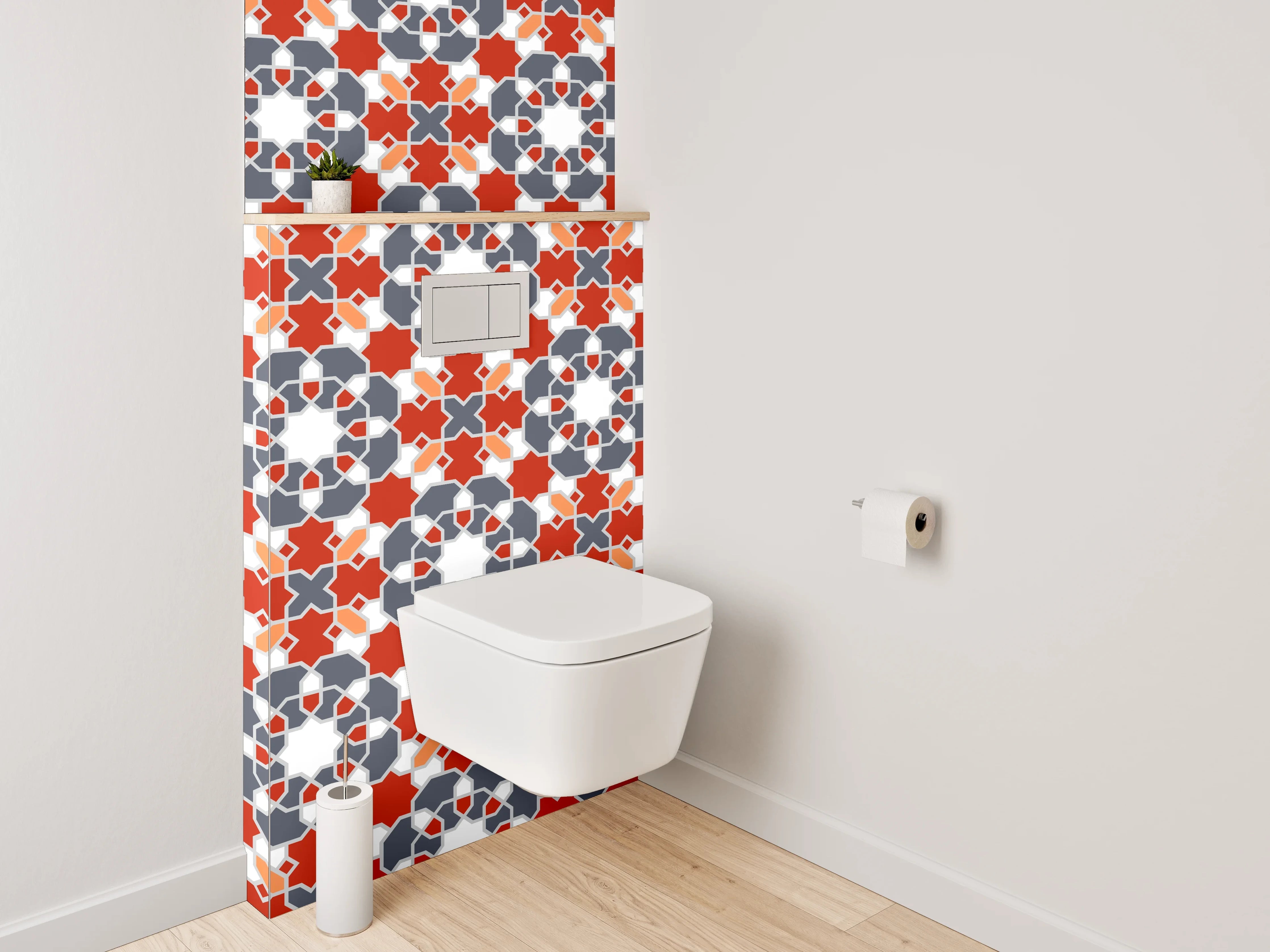 WC-Rückwand - Orientalisches Fliesenmuster Rot Grau