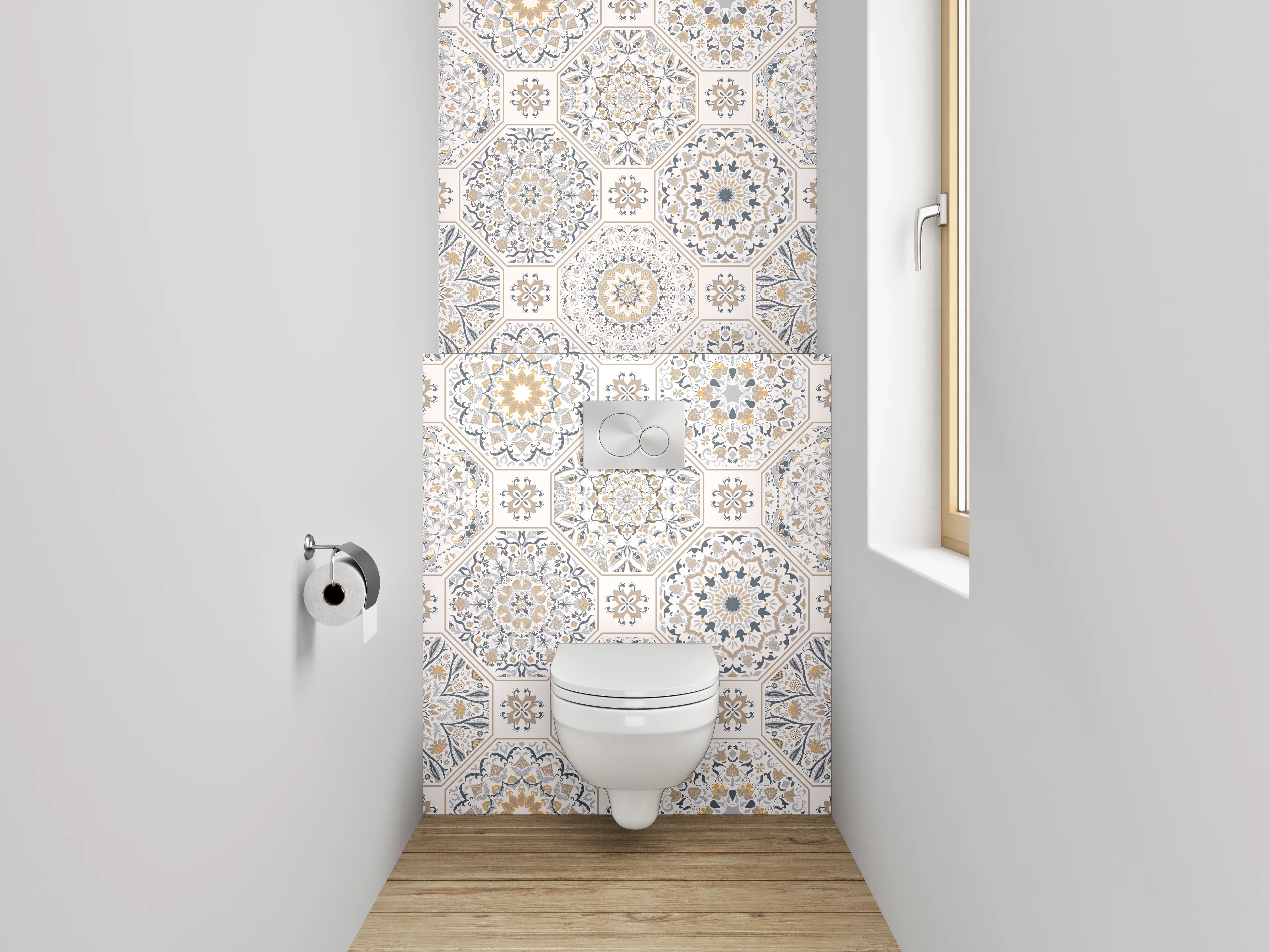 WC-Rückwand - Orientalisches Fliesenmuster in Beige und Grau