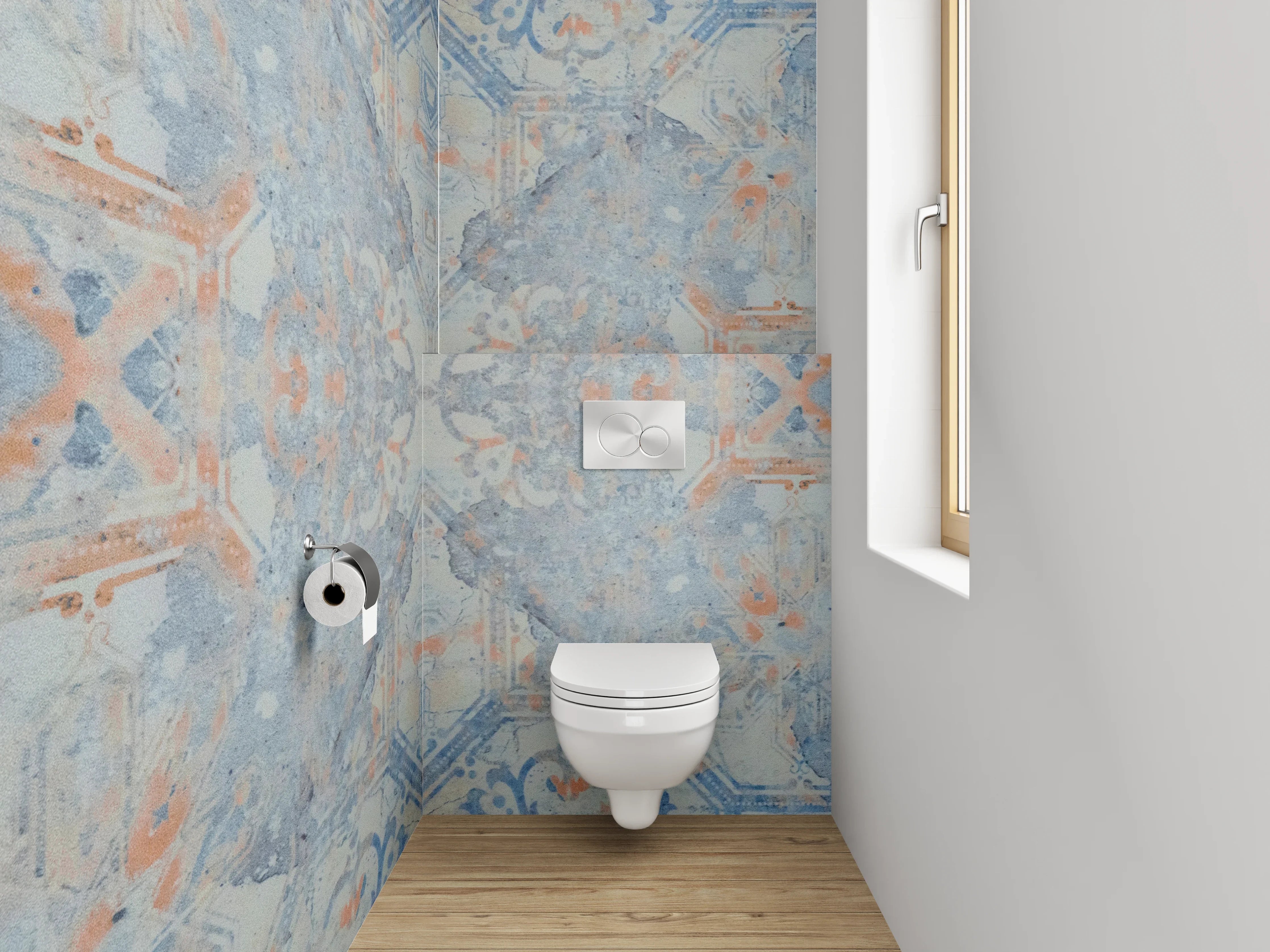 WC-Rückwand - Orientalisches Fliesenmuster in Blau und Orange