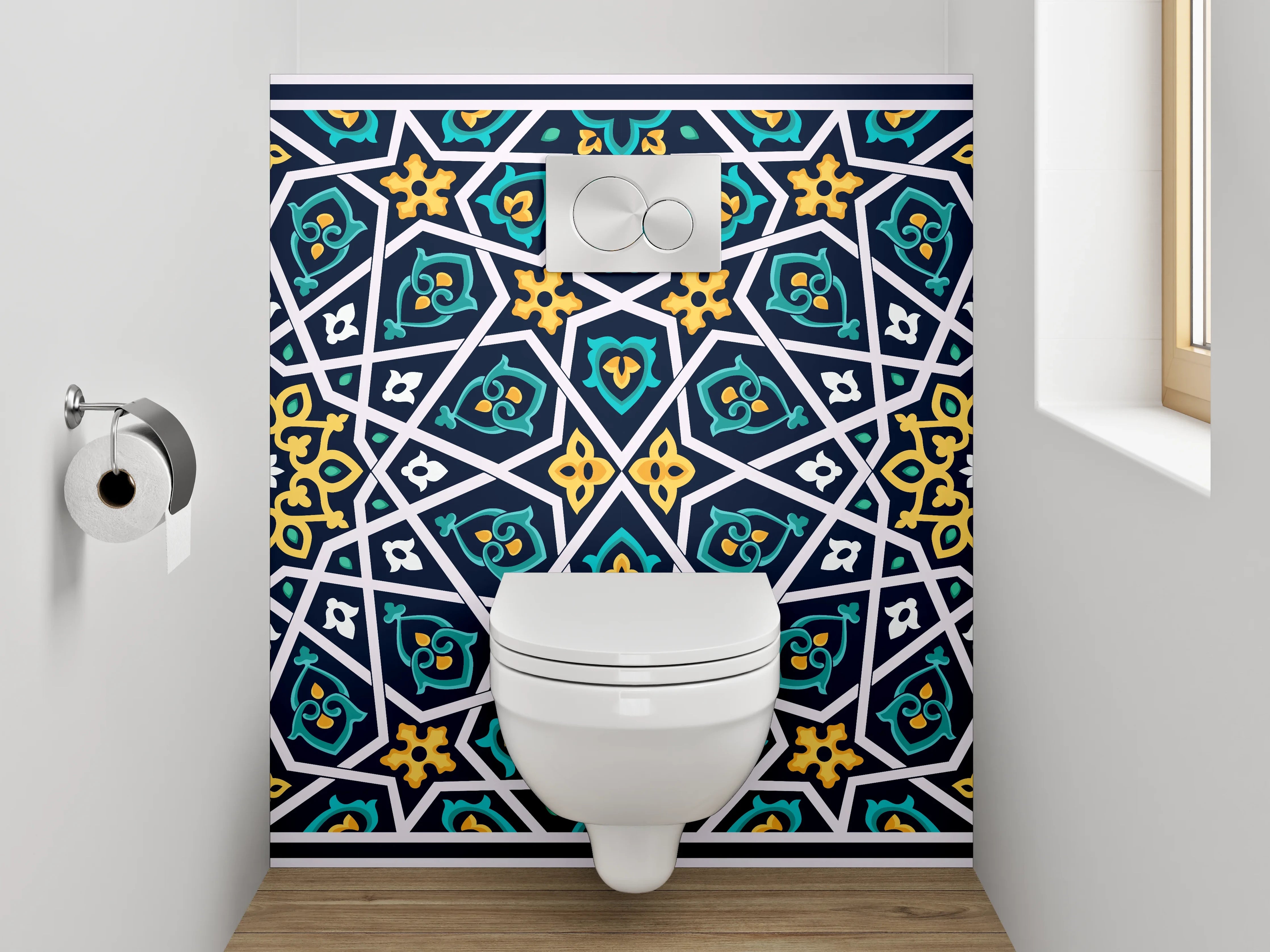WC-Rückwand - Orientalisches Mosaikmuster Blau-Gelb Dekor