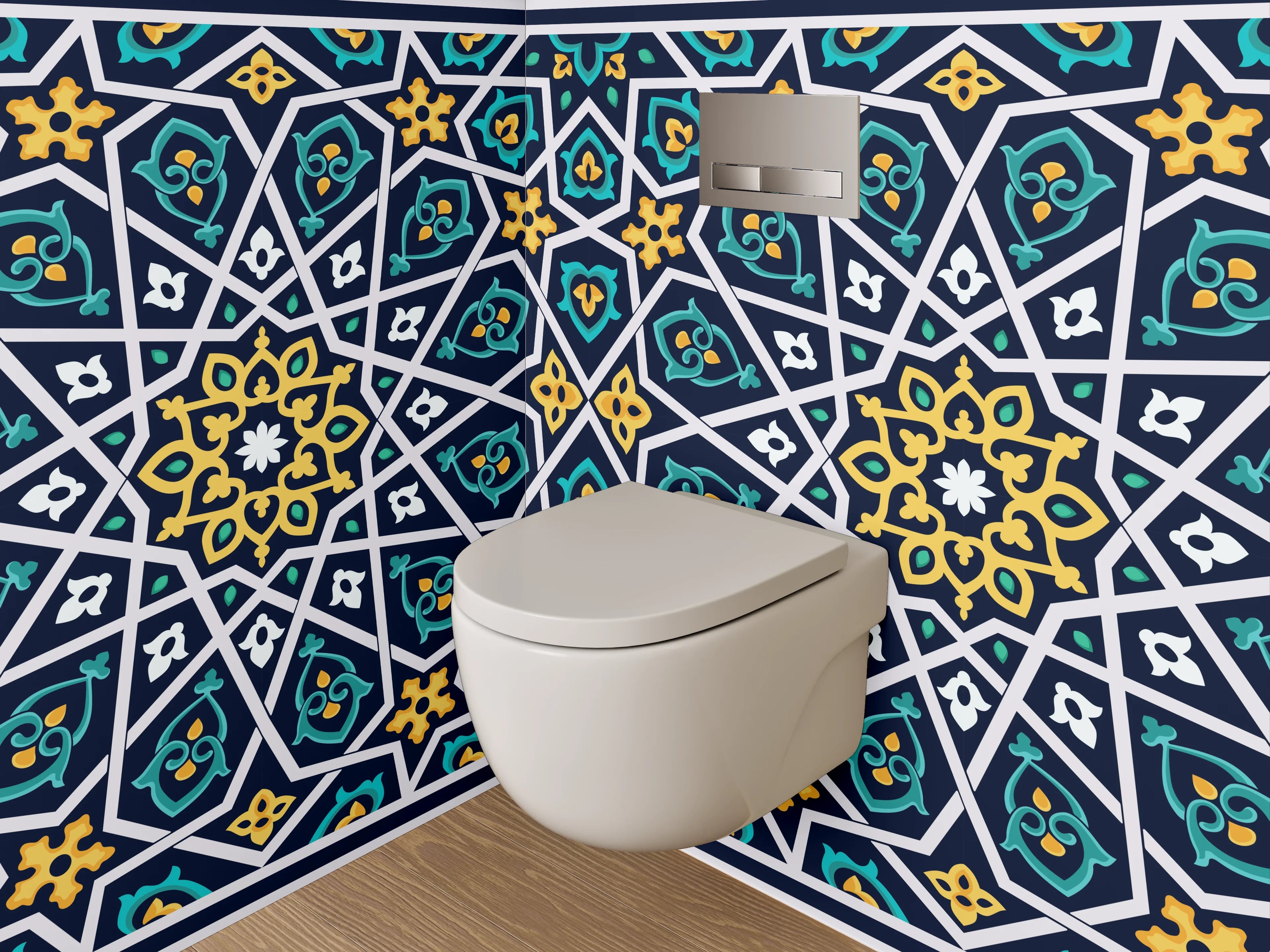 WC-Rückwand - Orientalisches Mosaikmuster Blau Gelb
