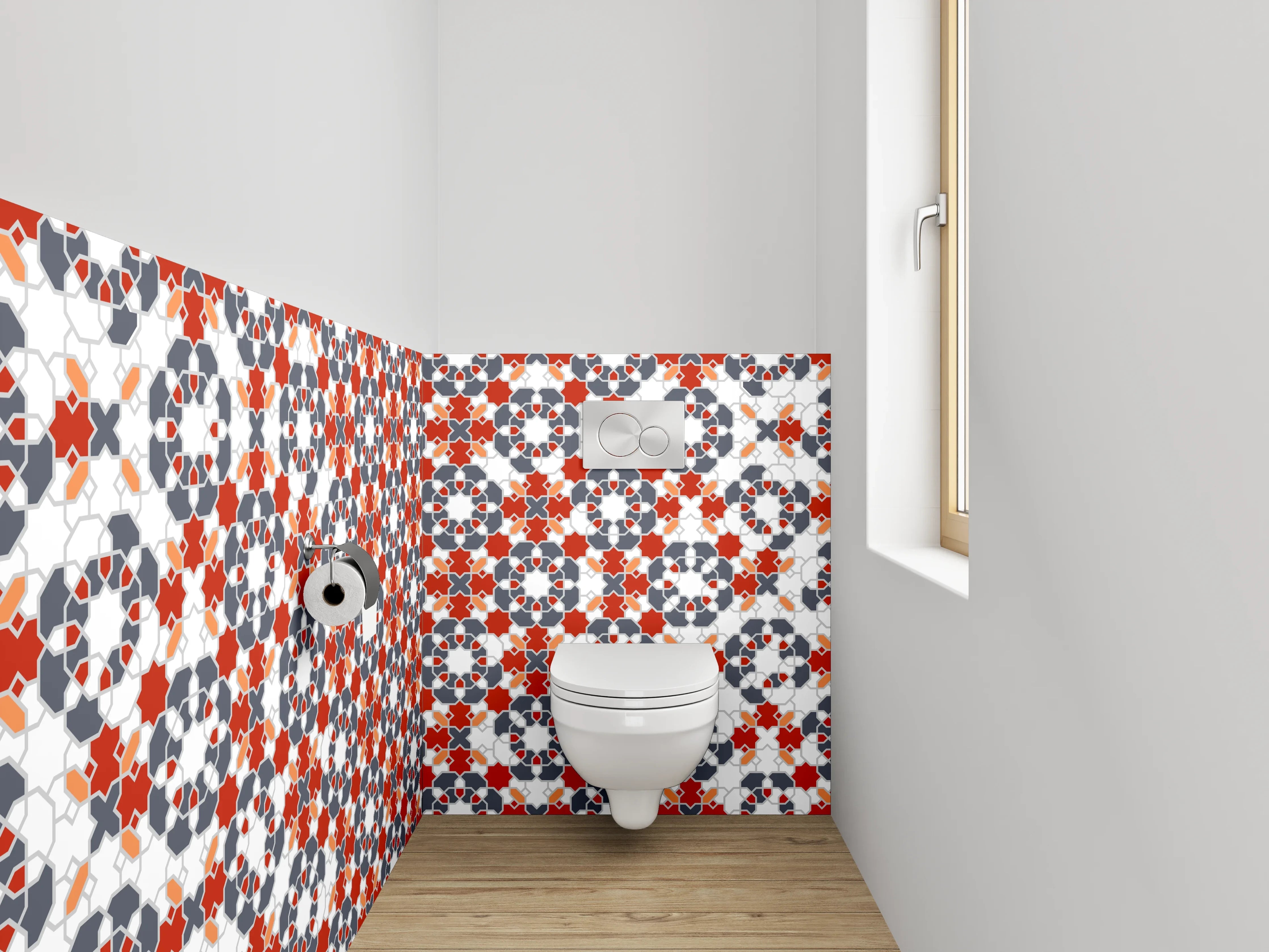 WC-Rückwand - Orientalisches Mosaikmuster in Rot und Grau