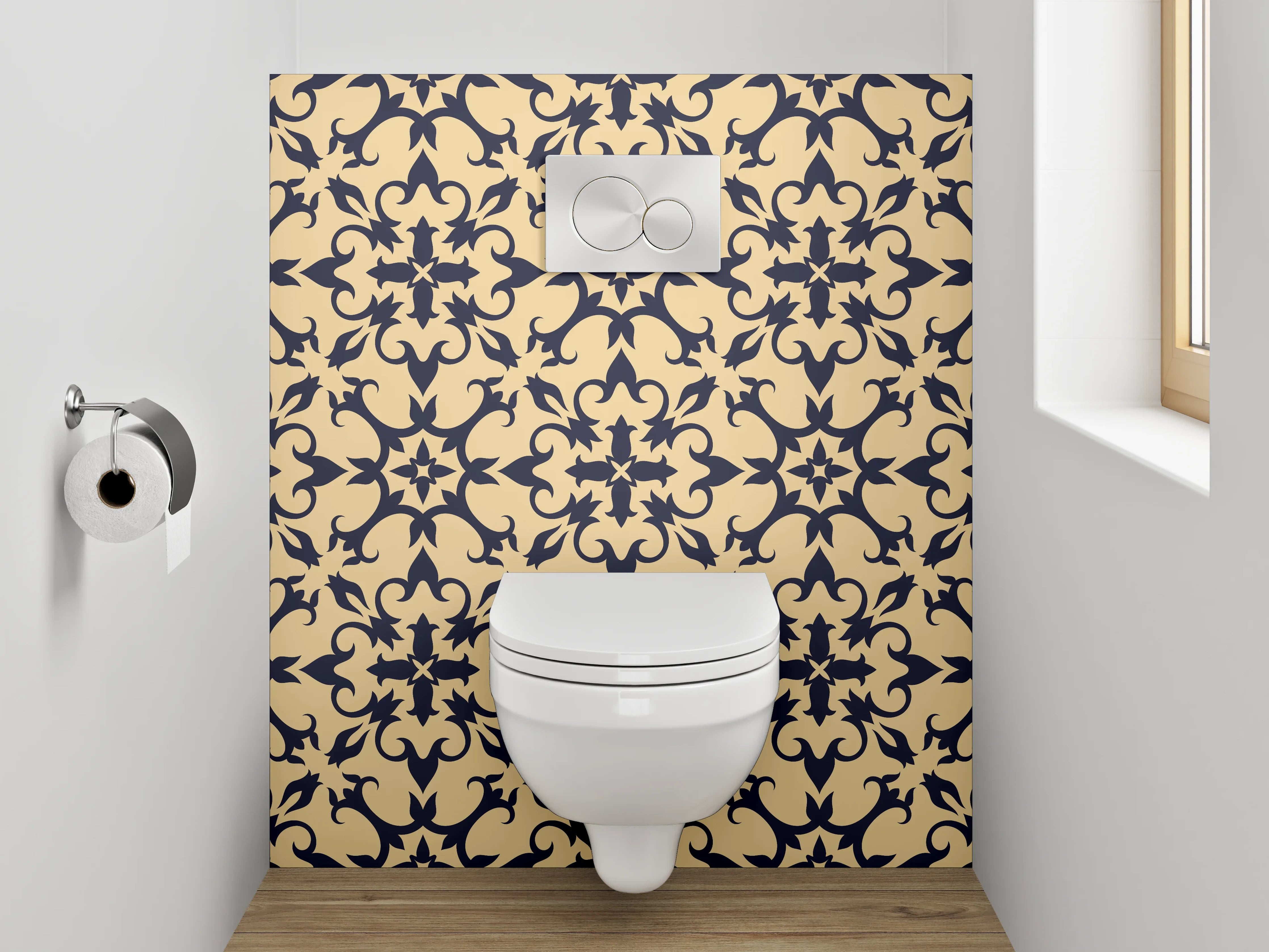 WC-Rückwand - Orientalisches Rankenmuster Beige Schwarz