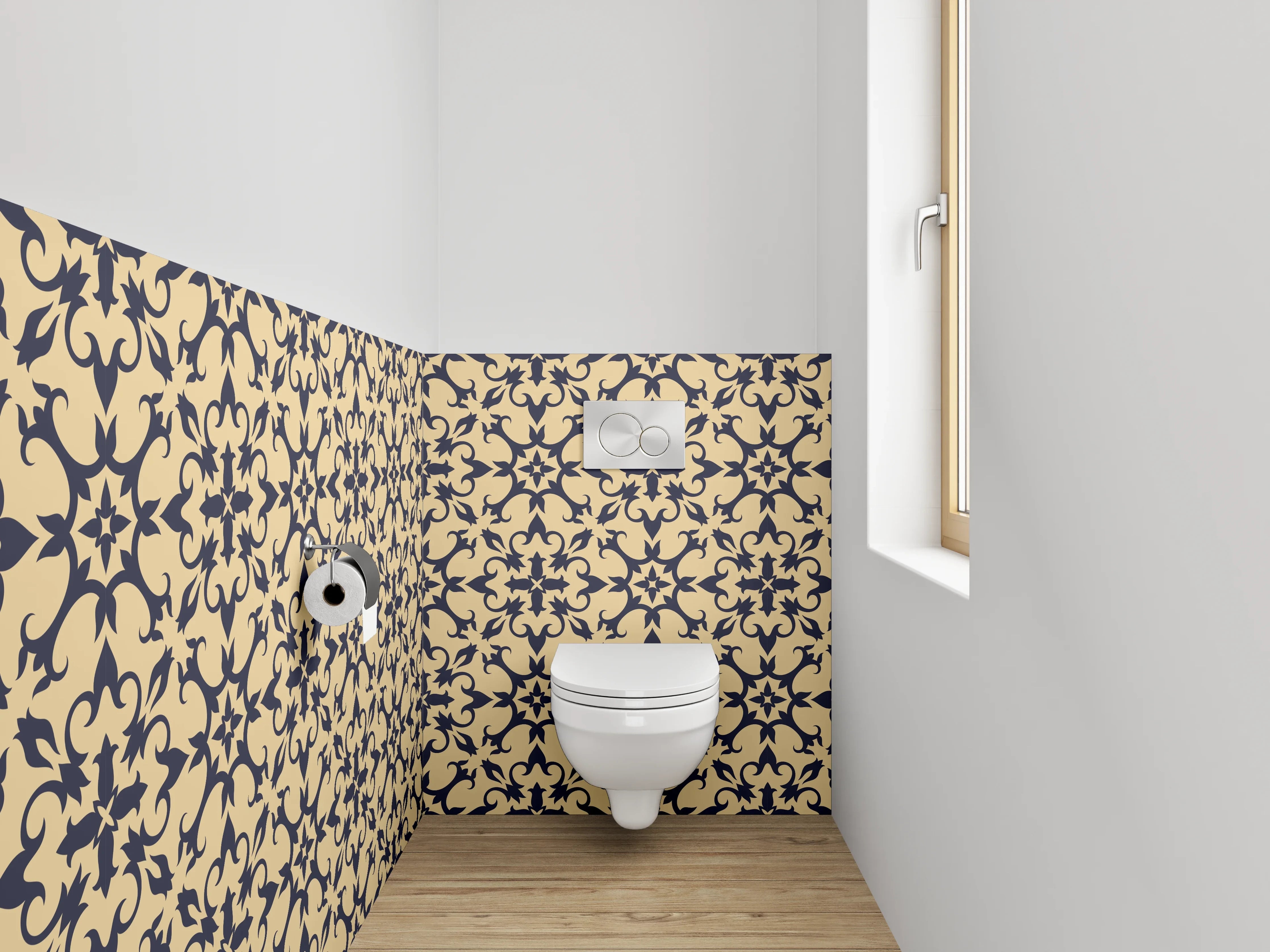 WC-Rückwand - Orientalisches Rankenmuster Beige Schwarz