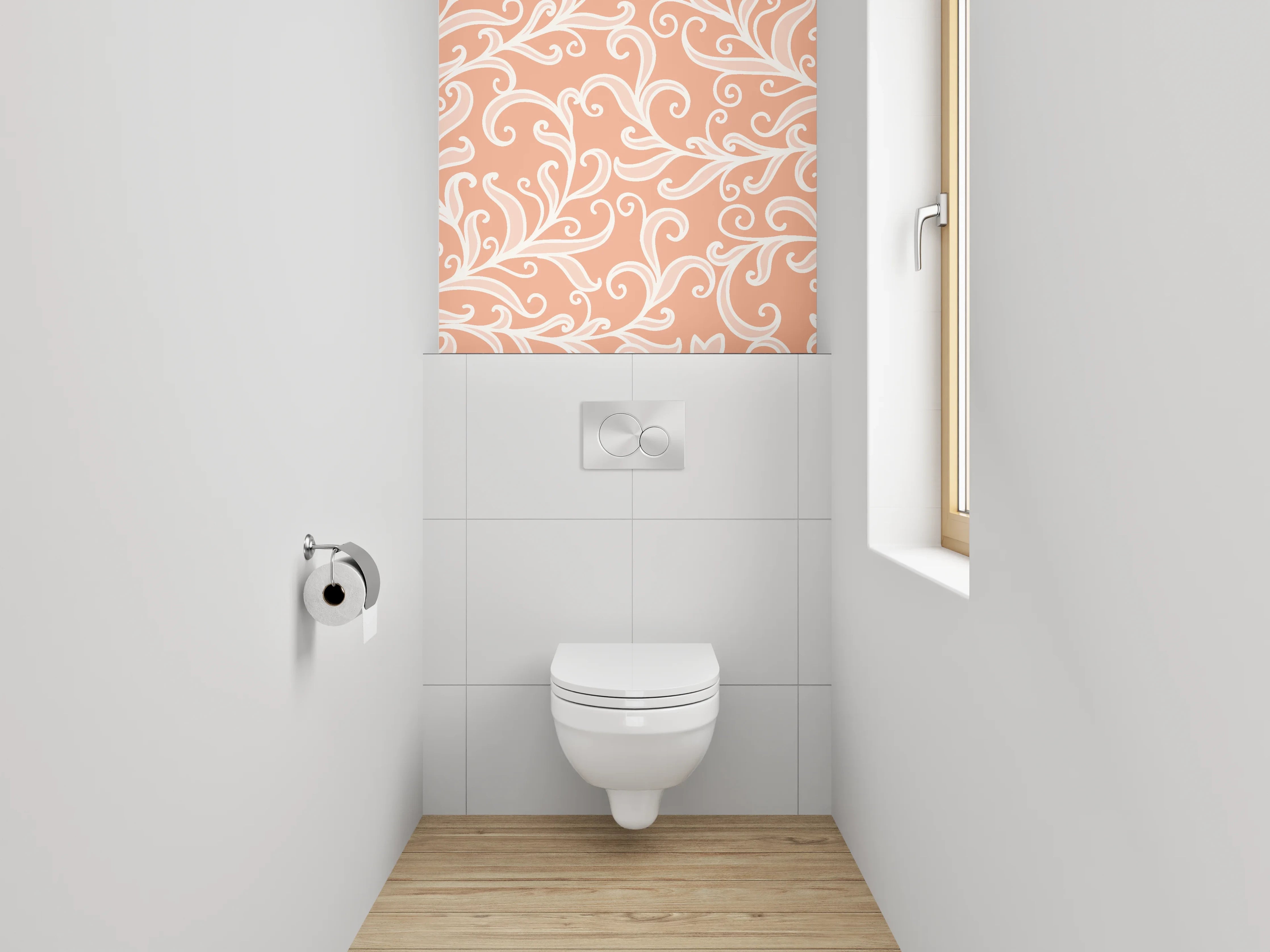 WC-Rückwand - Ornamentale Weißlinien auf Apricot