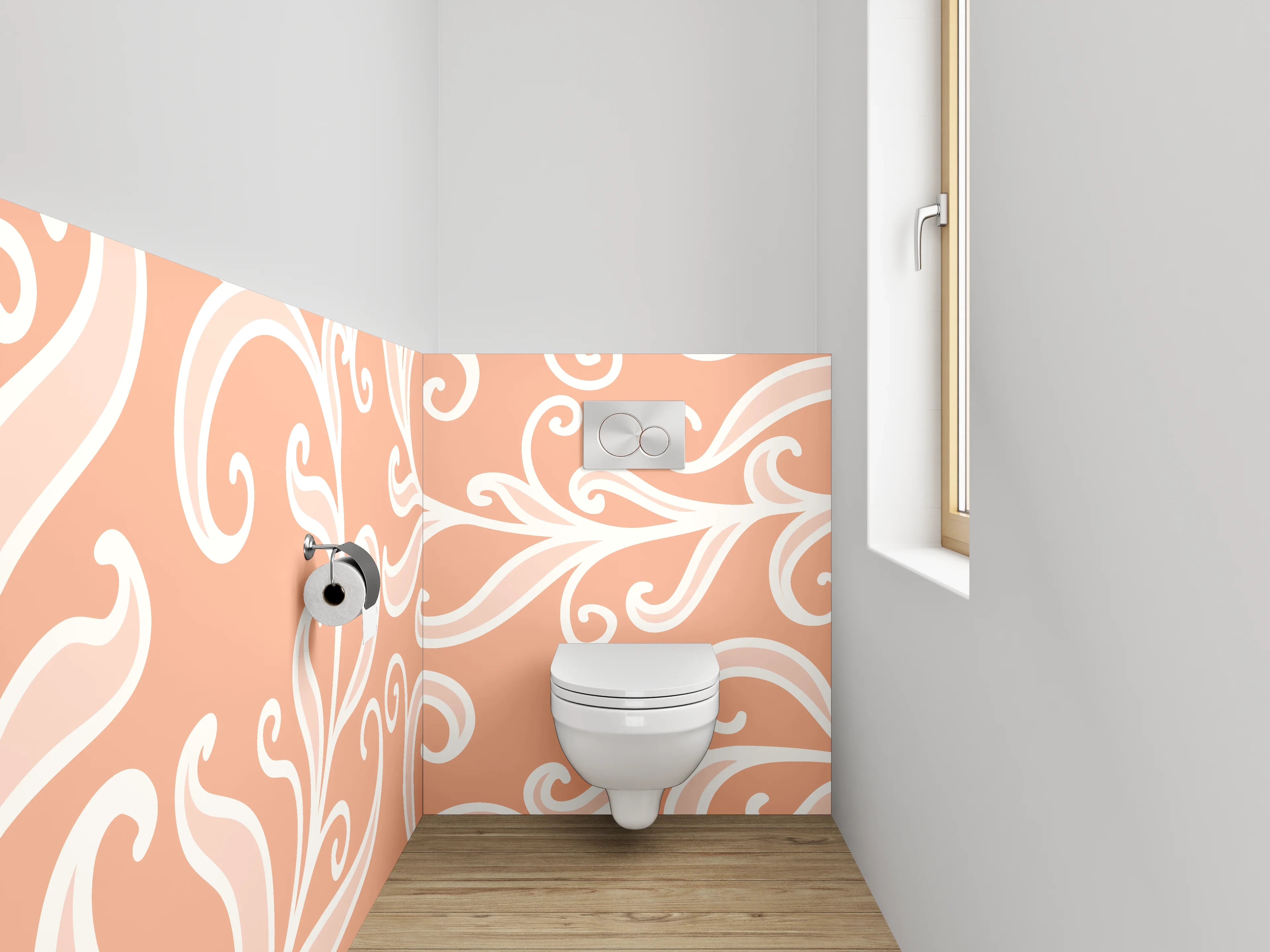 WC-Rückwand - Ornamentale Weißlinien auf Apricot