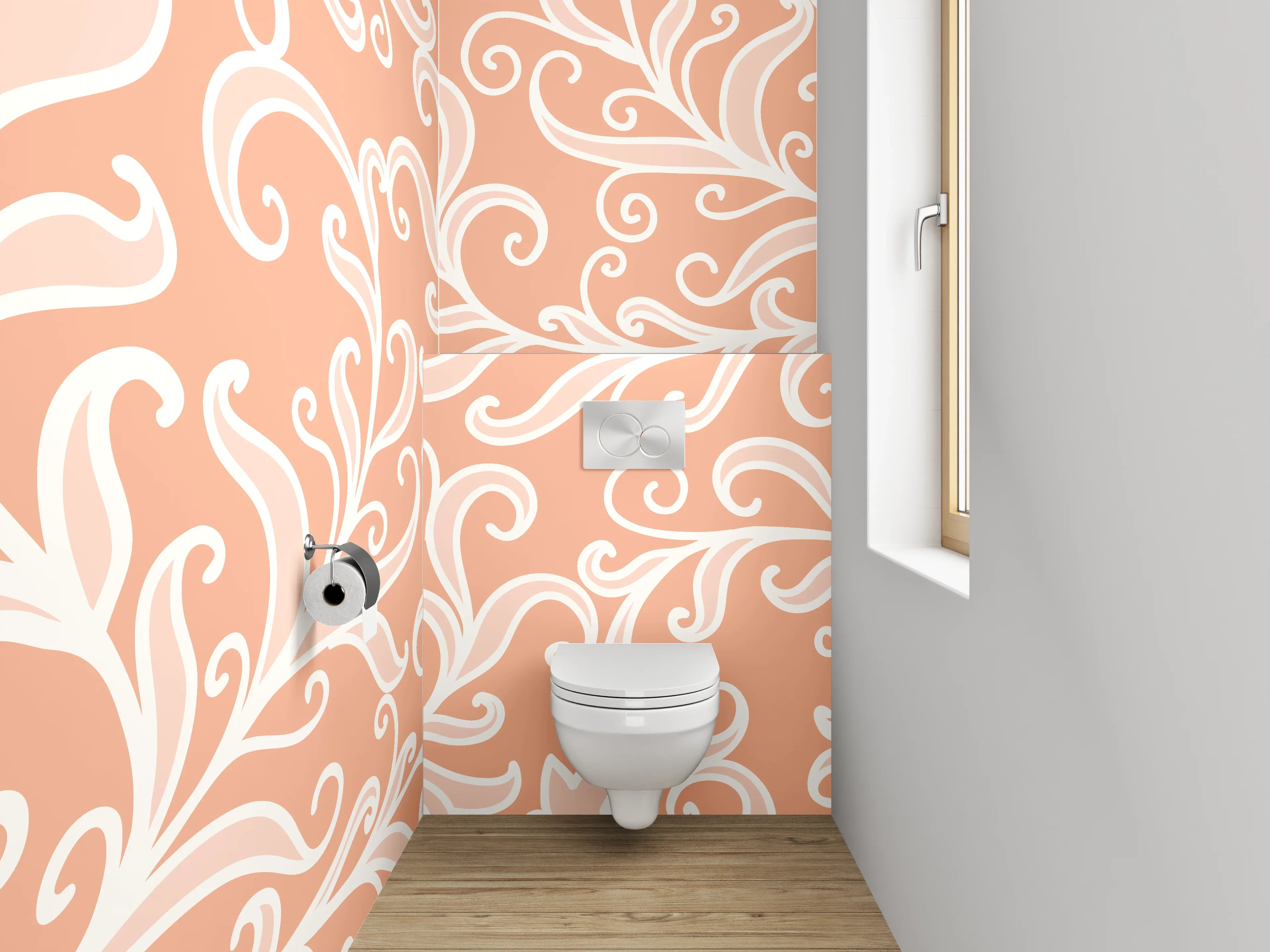 WC-Rückwand - Ornamentale Weißlinien auf Apricot