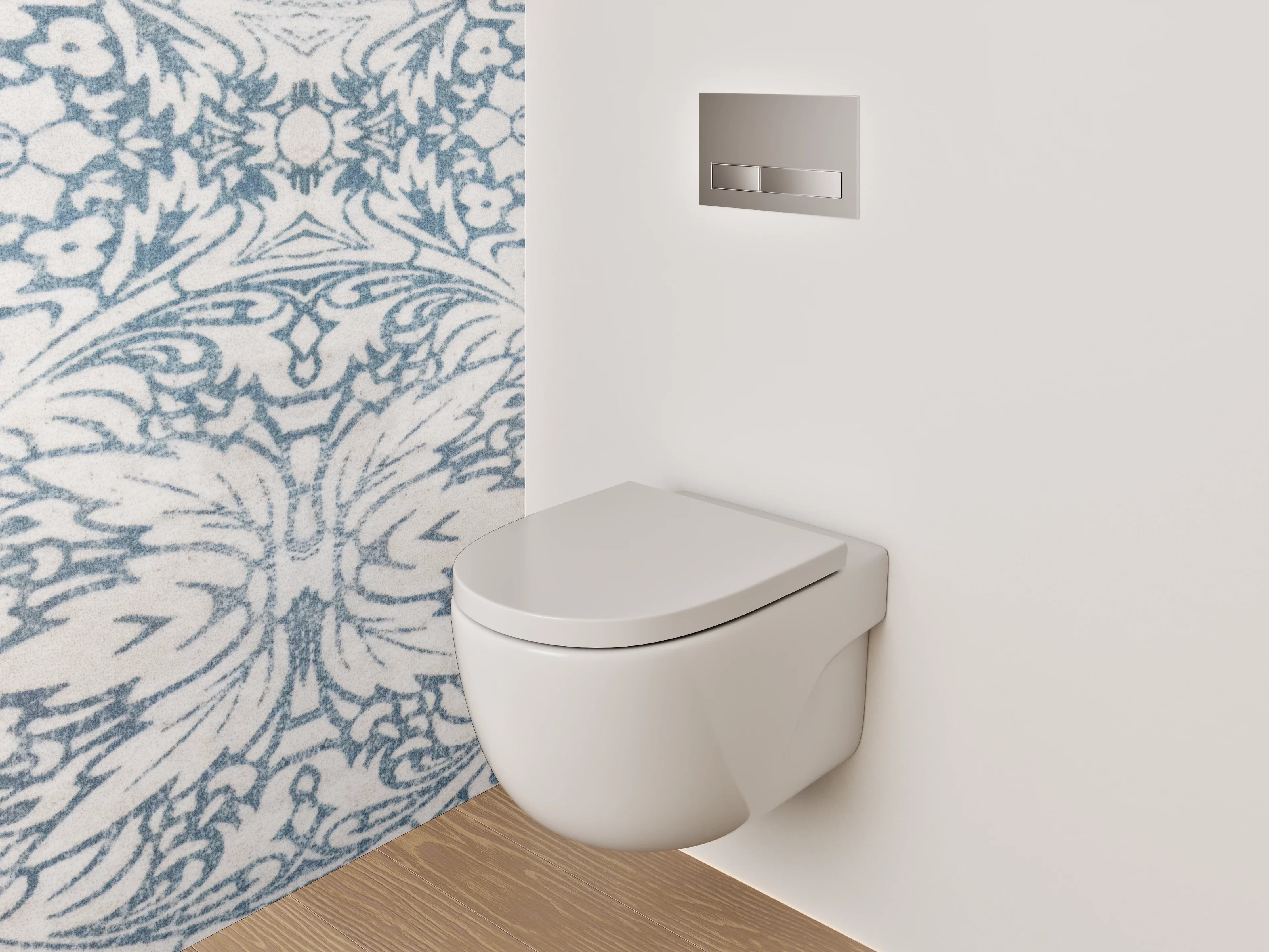 WC-Rückwand - Ornamentales Fliesenmuster in Blau-Weiß