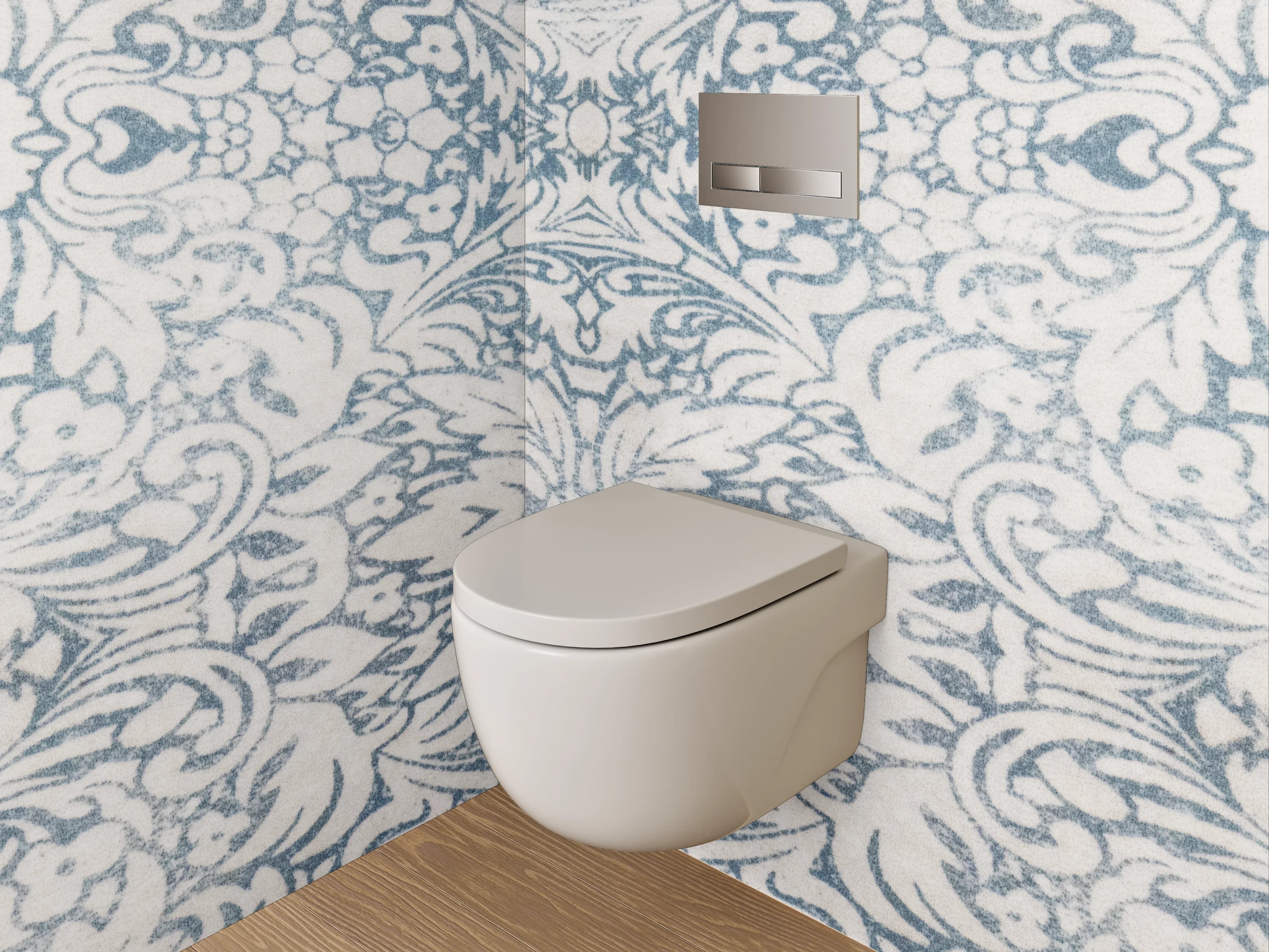 WC-Rückwand - Ornamentales Fliesenmuster in Blau-Weiß