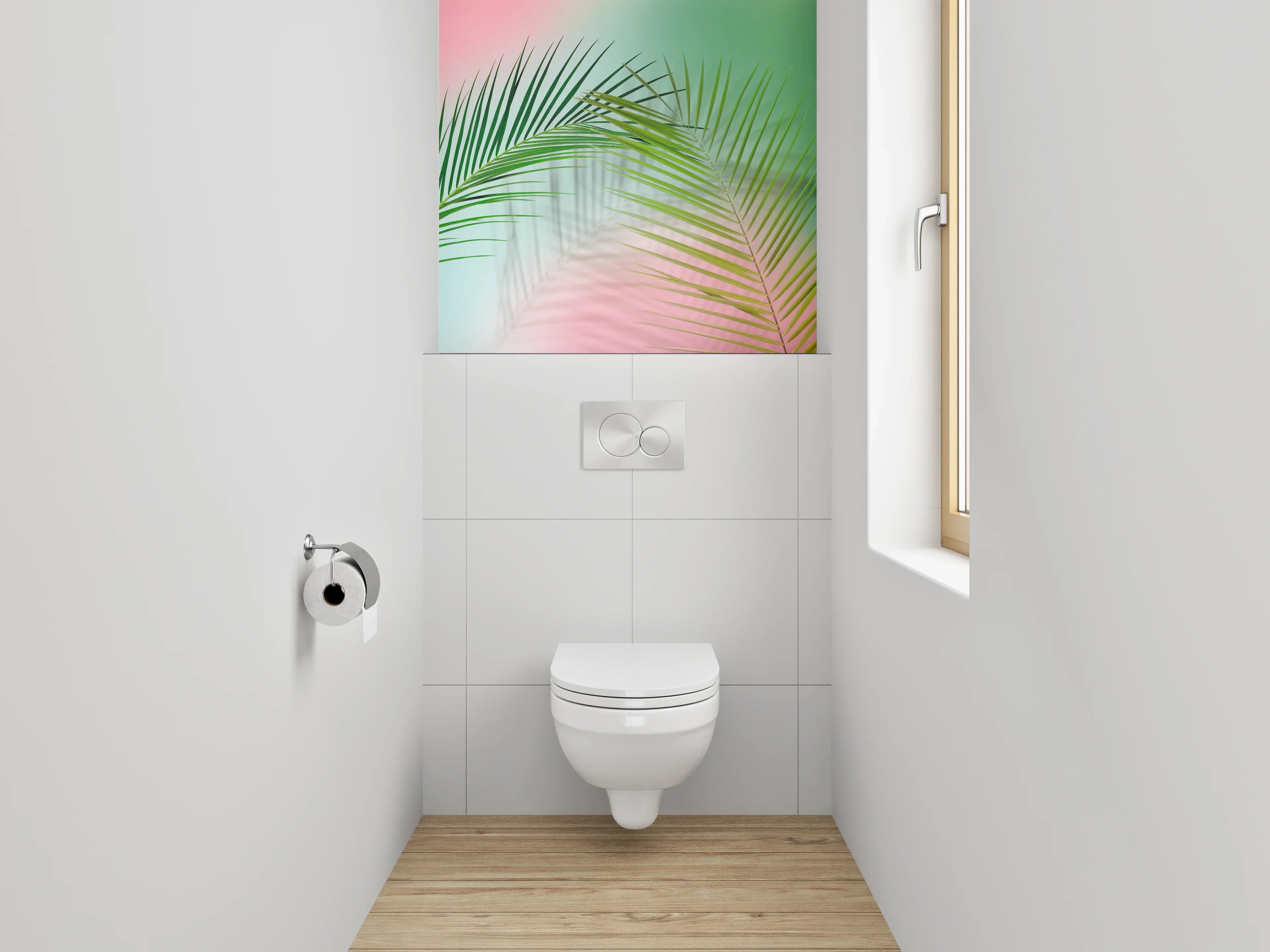 WC-Rückwand - Palmblatt auf pastellfarbenem Hintergrund