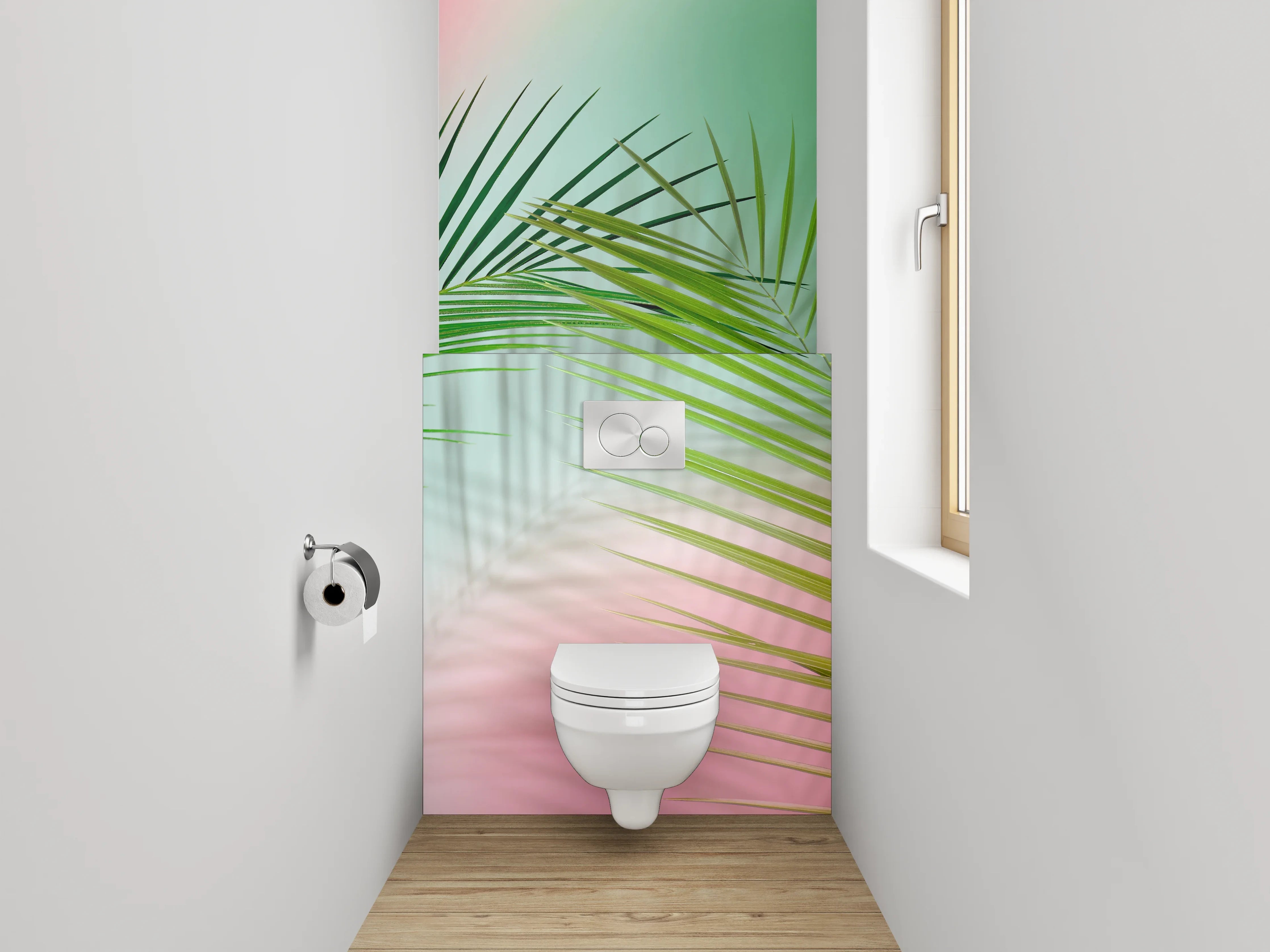 WC-Rückwand - Palmblatt auf pastellfarbenem Hintergrund