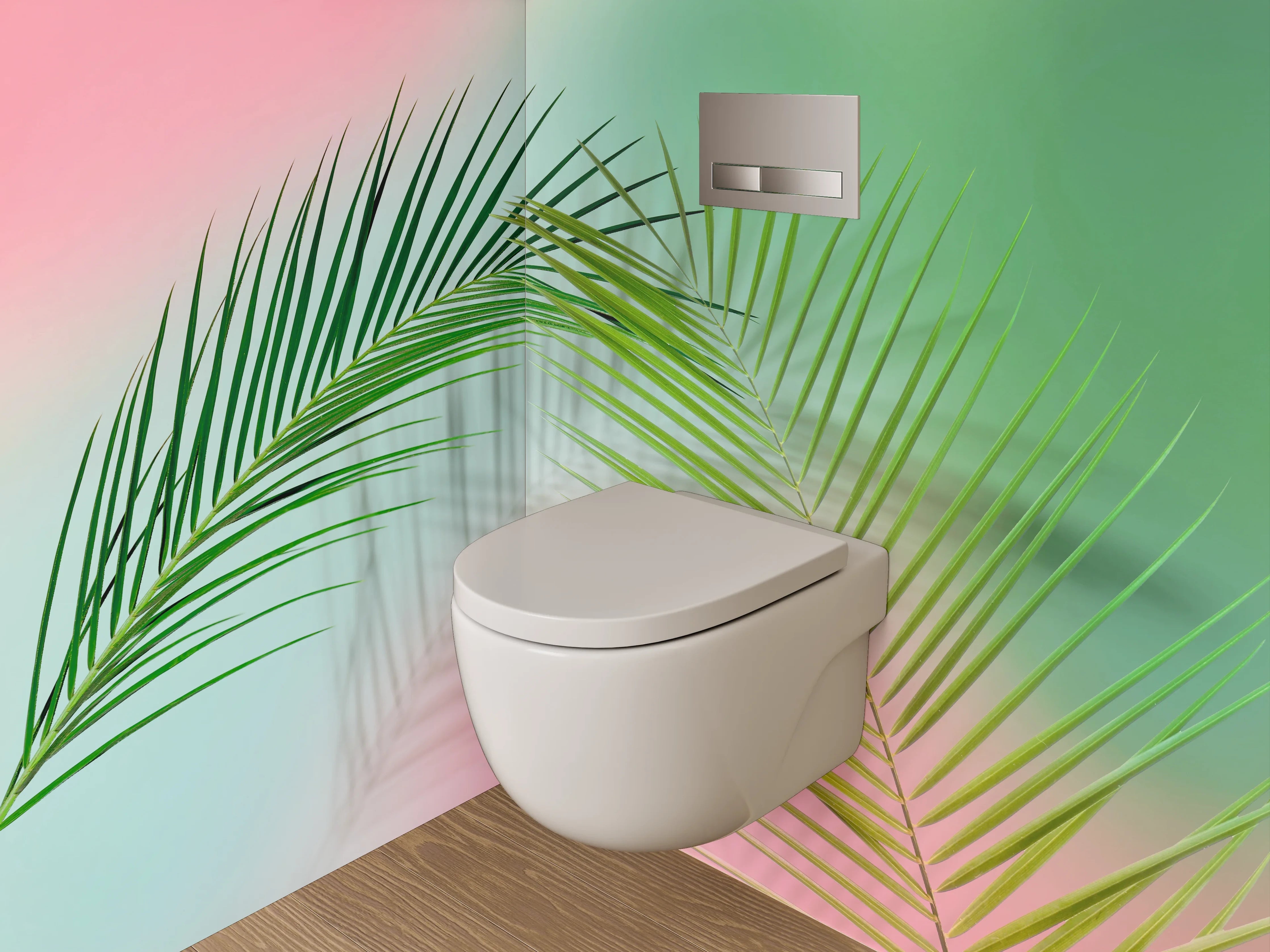 WC-Rückwand - Palmblatt auf pastellfarbenem Hintergrund