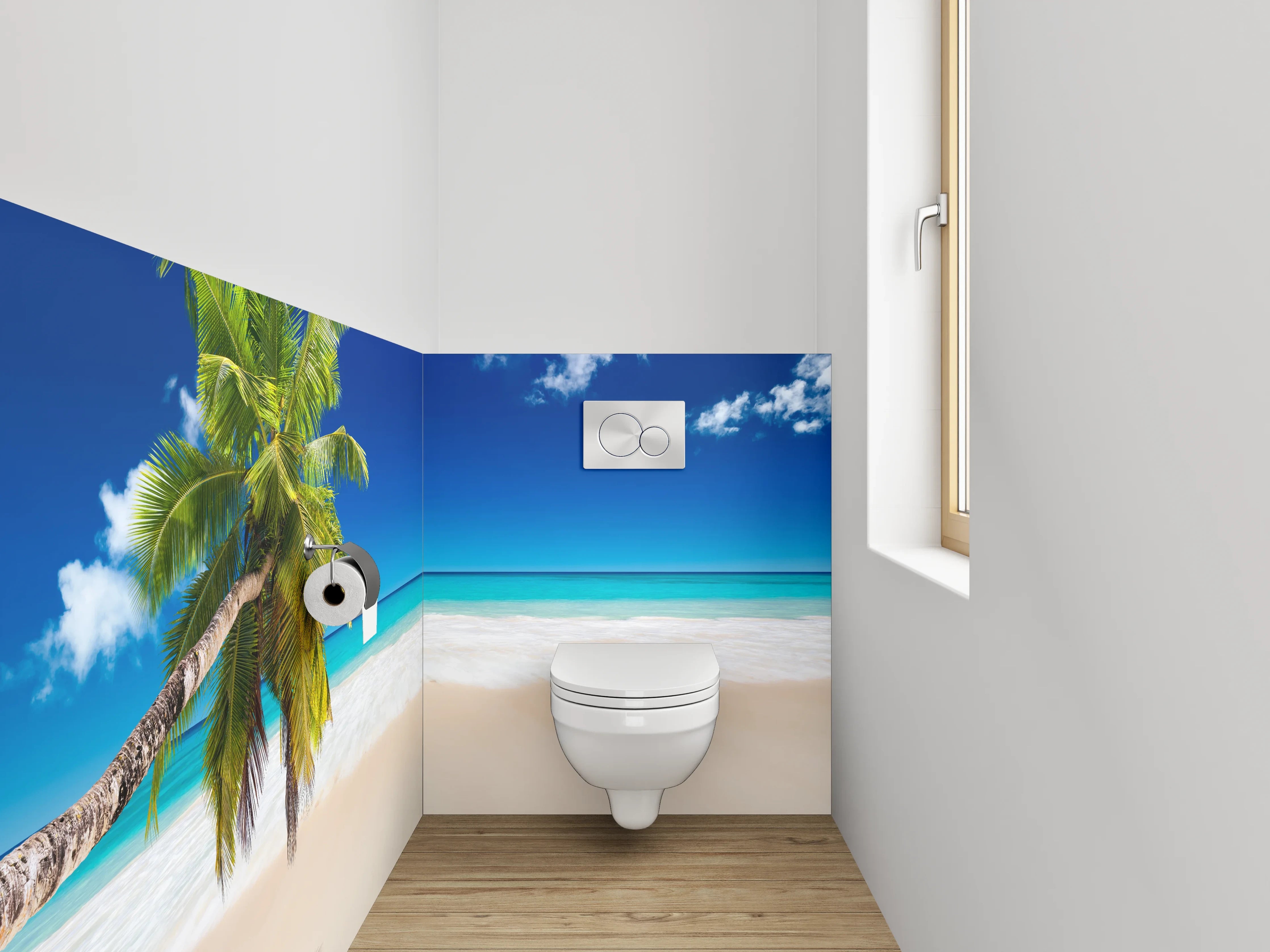 WC-Rückwand - Palme am grauschimmernden Karibikstrand