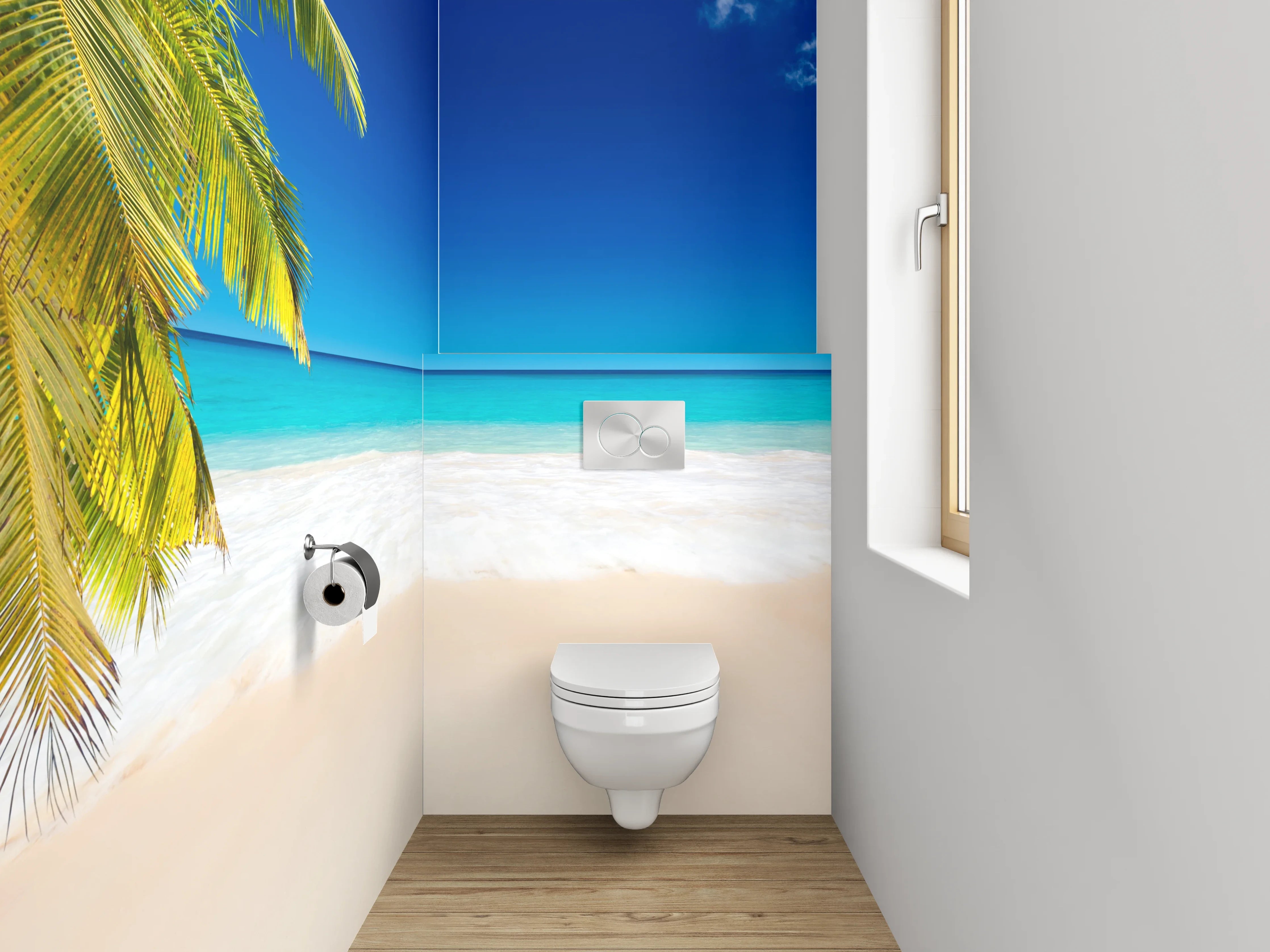 WC-Rückwand - Palme am grauschimmernden Karibikstrand