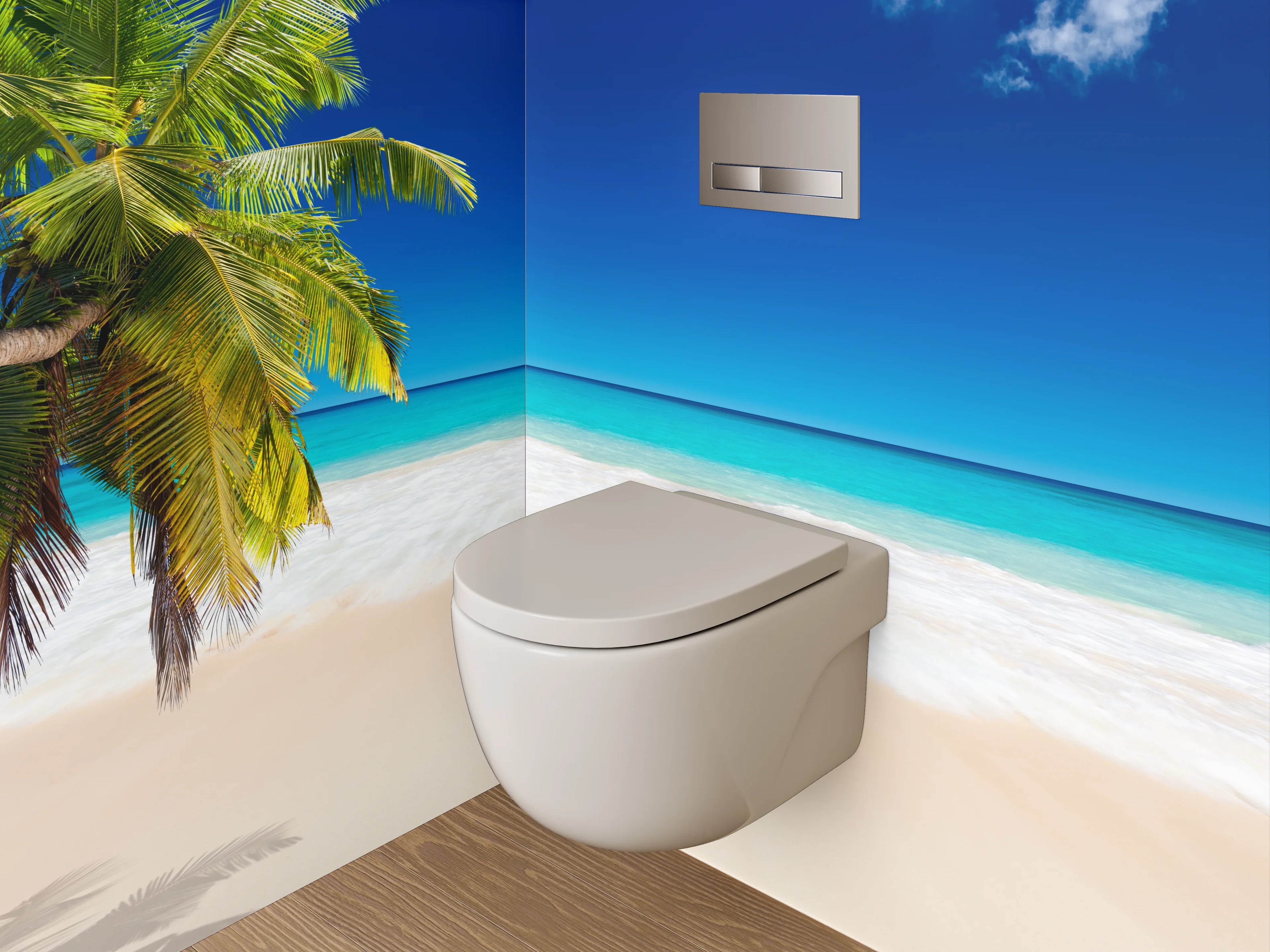 WC-Rückwand - Palme am grauschimmernden Karibikstrand
