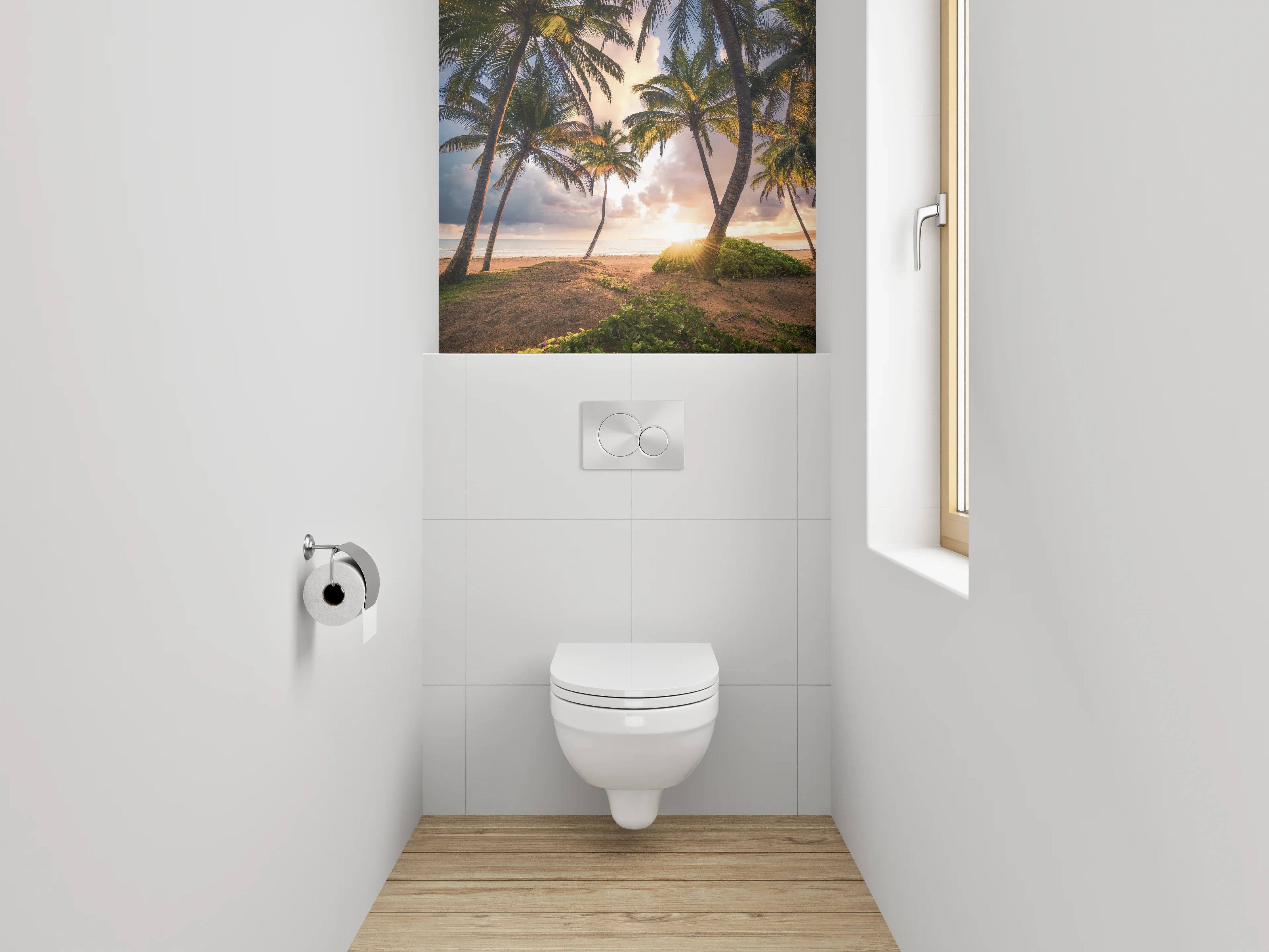 WC-Rückwand - Palmenstrand bei Sonnenuntergang