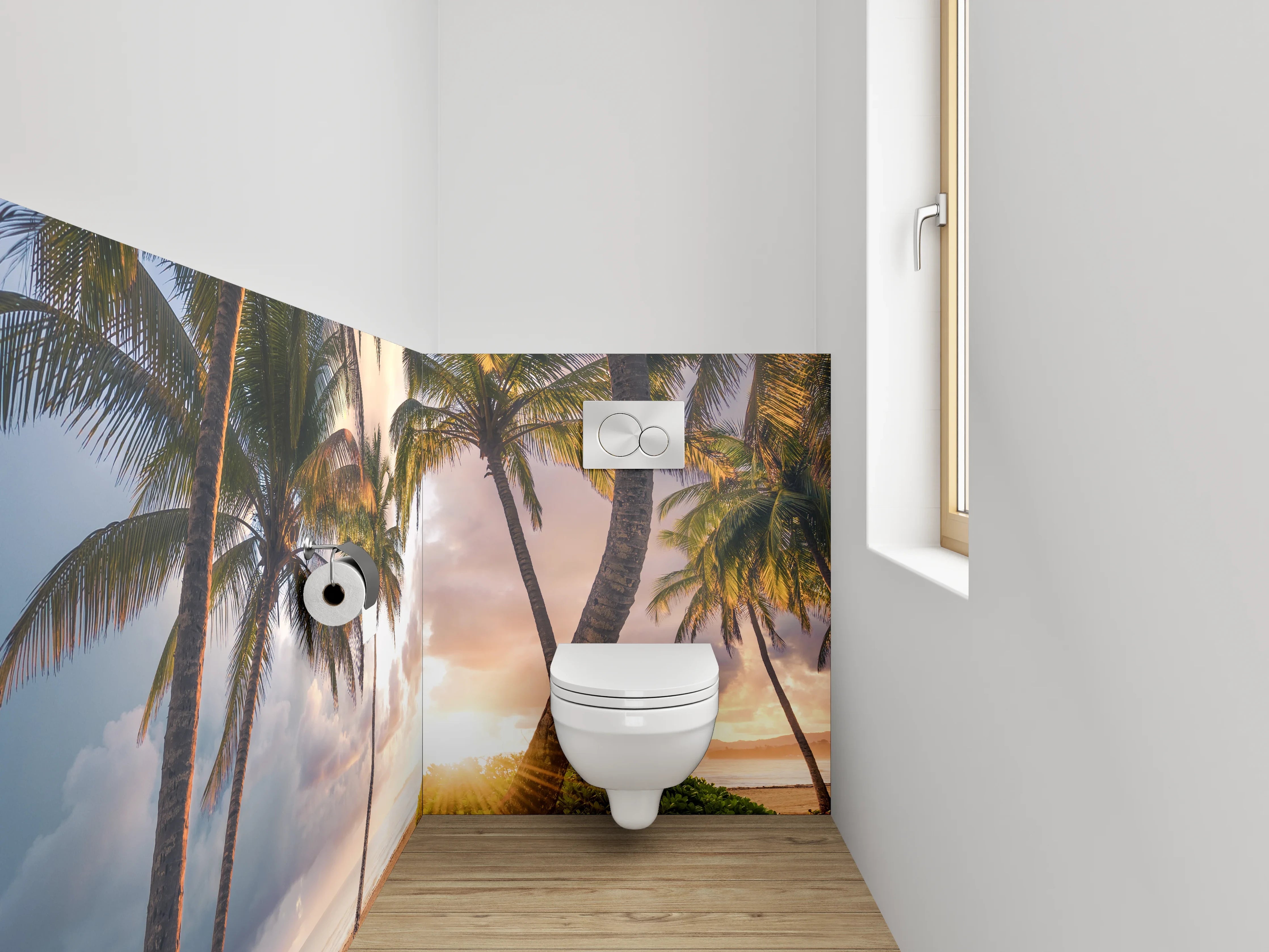WC-Rückwand - Palmenstrand bei Sonnenuntergang