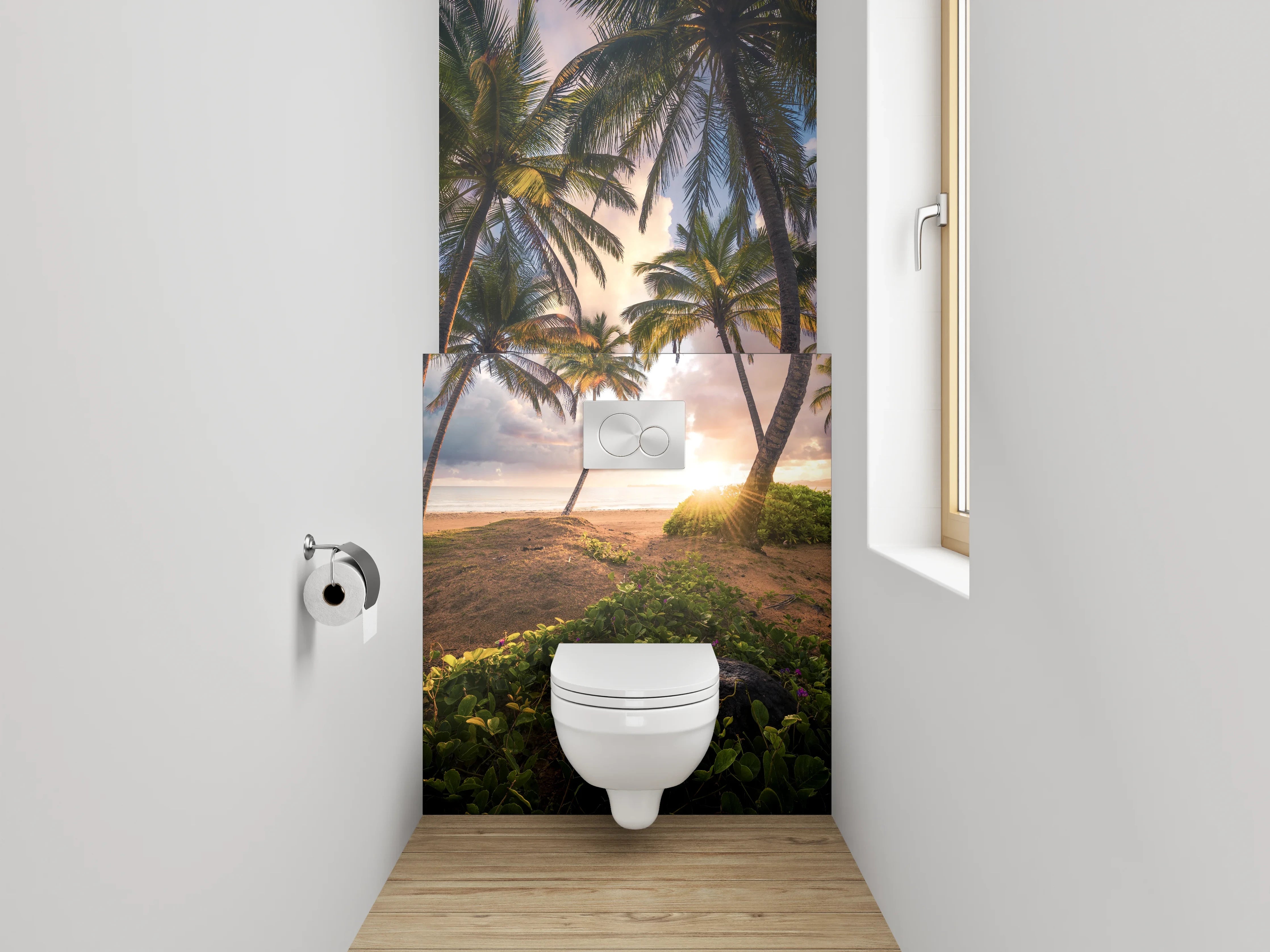 WC-Rückwand - Palmenstrand bei Sonnenuntergang