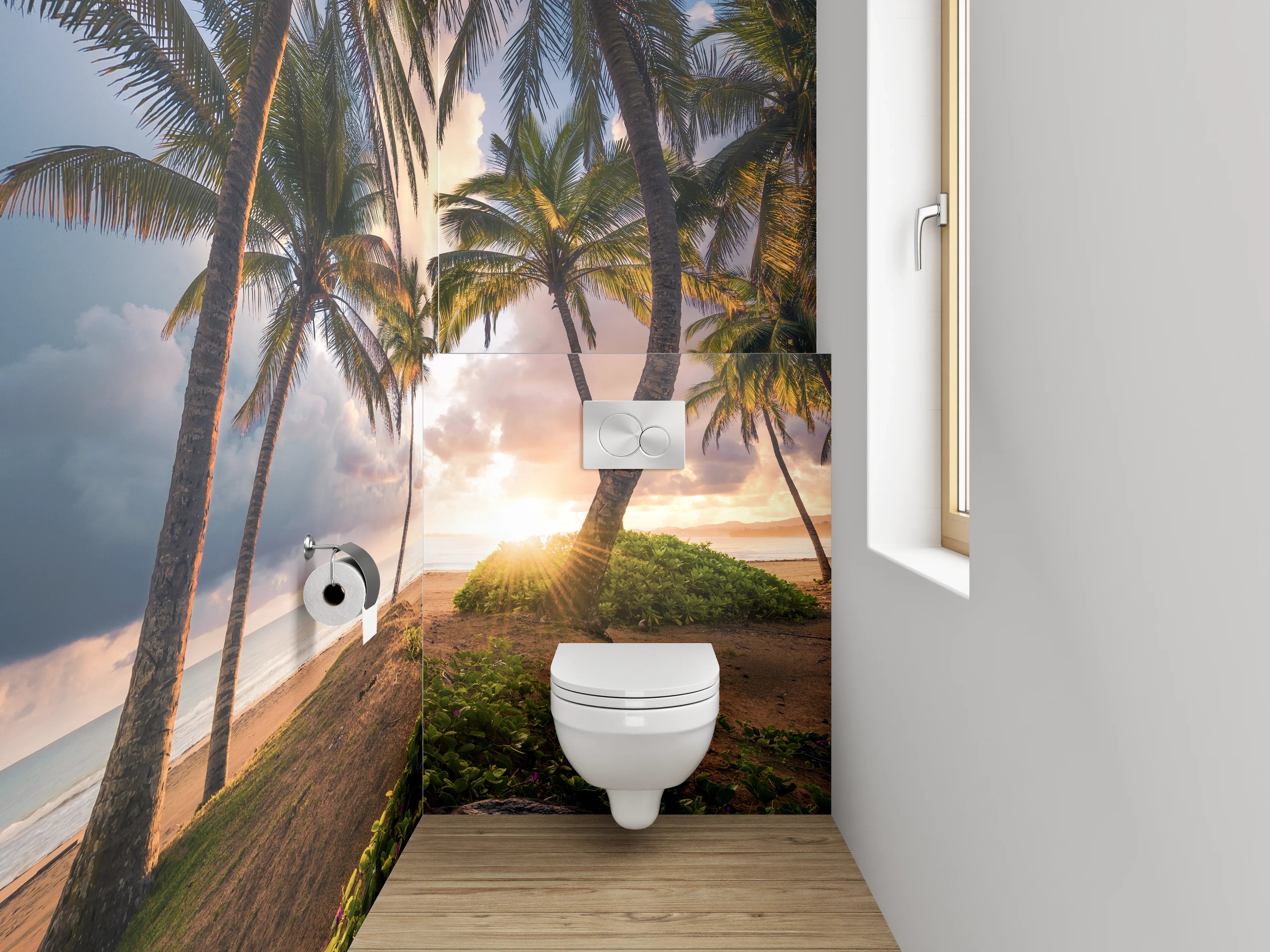 WC-Rückwand - Palmenstrand bei Sonnenuntergang