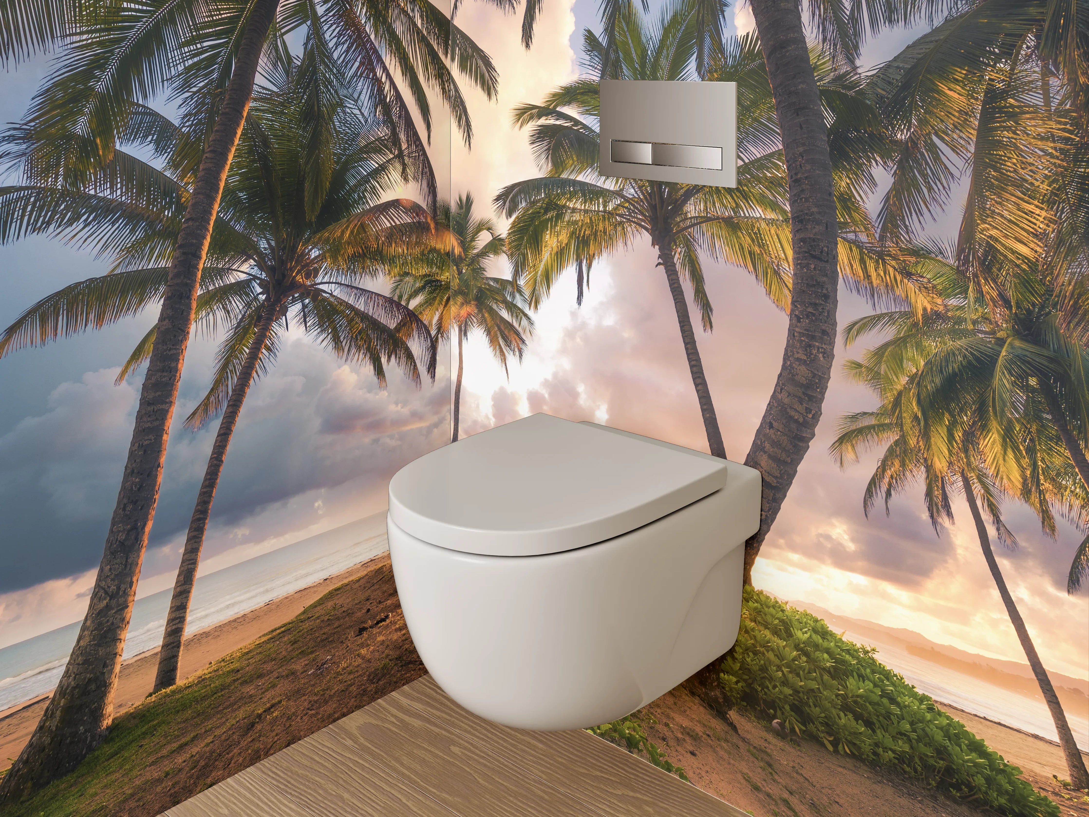 WC-Rückwand - Palmenstrand bei Sonnenuntergang