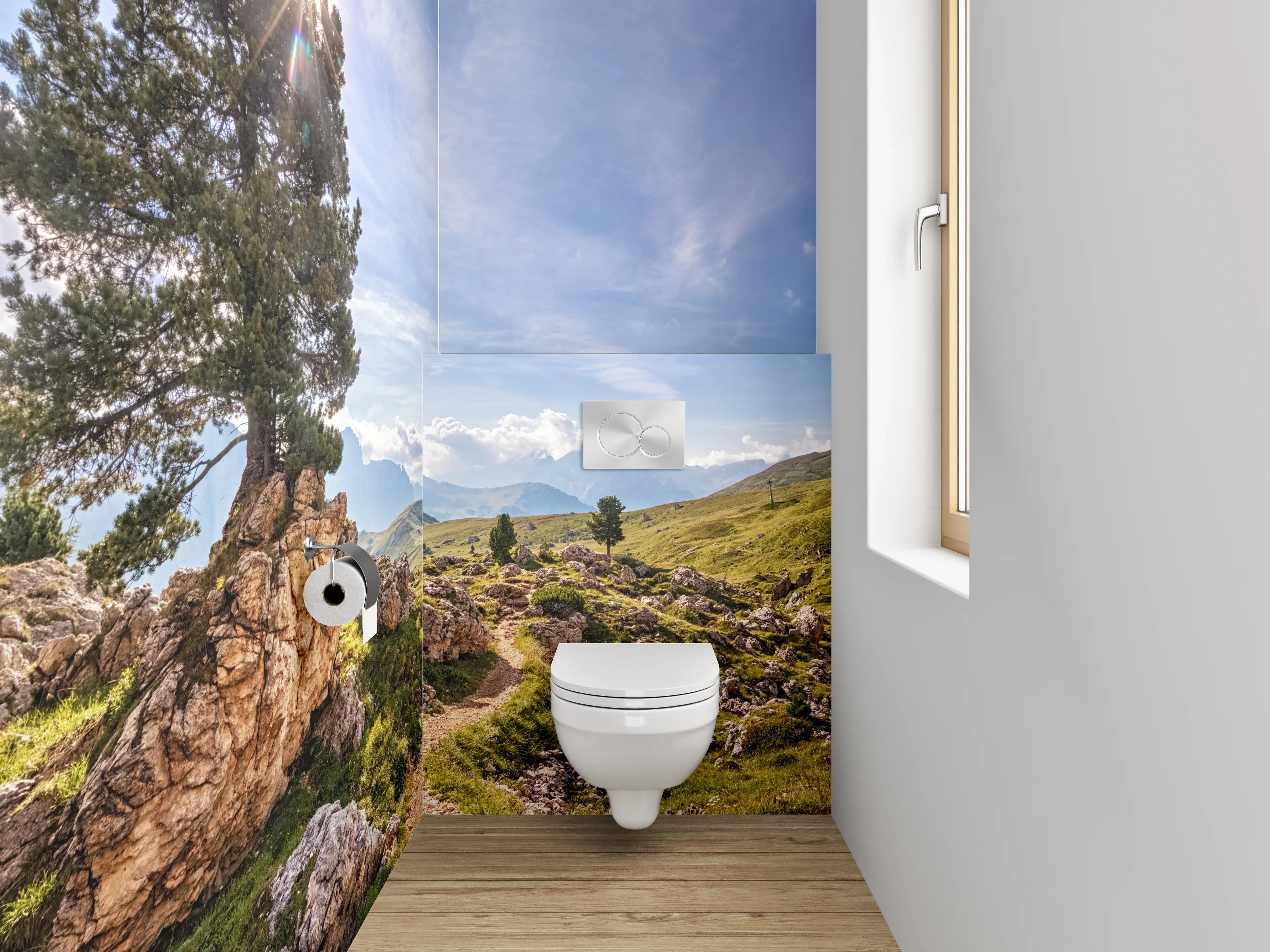 WC-Rückwand - Panorama-Alpenlandschaft mit Baum