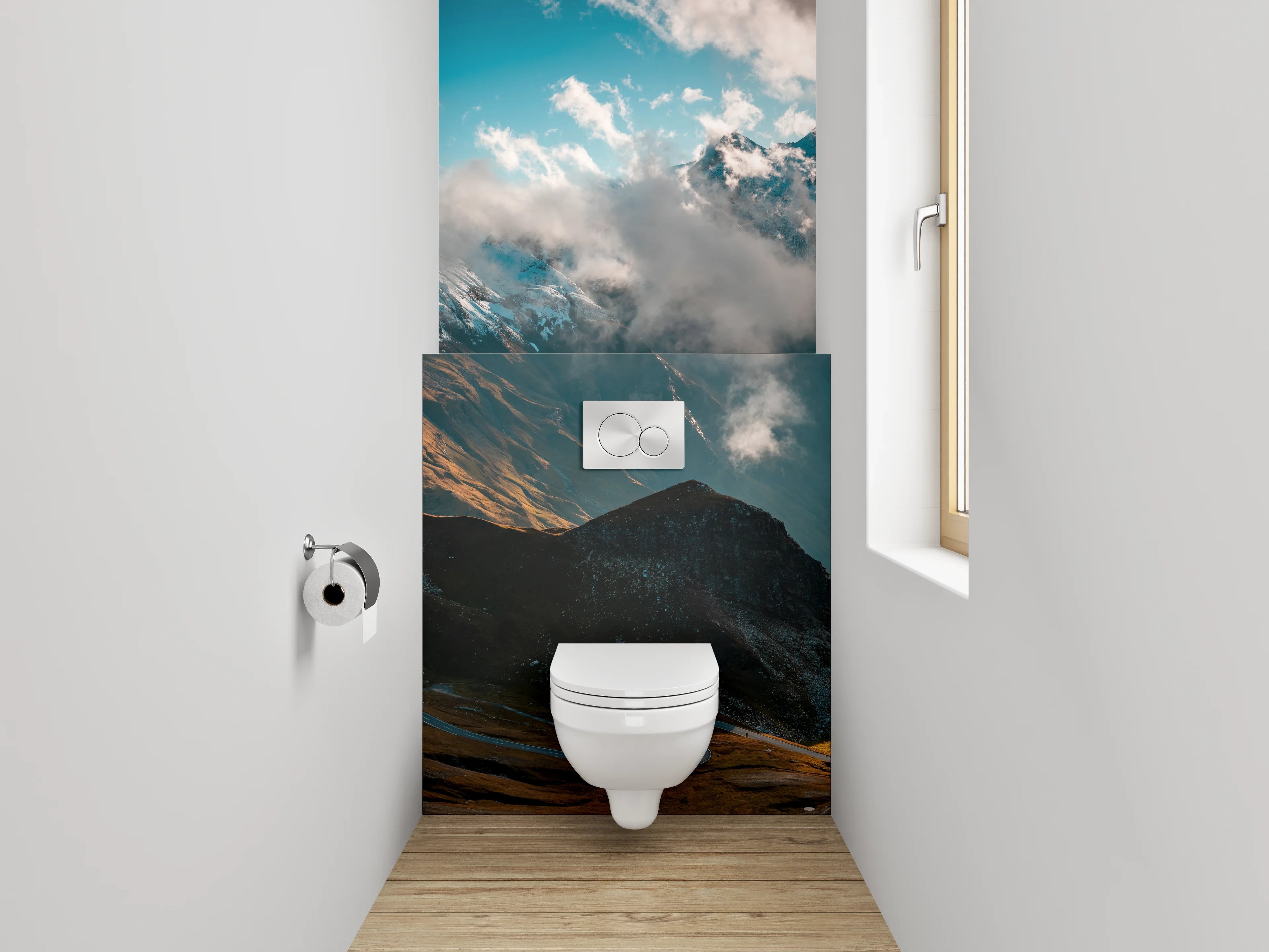 WC-Rückwand - Panorama Alpenstraße und Wolken