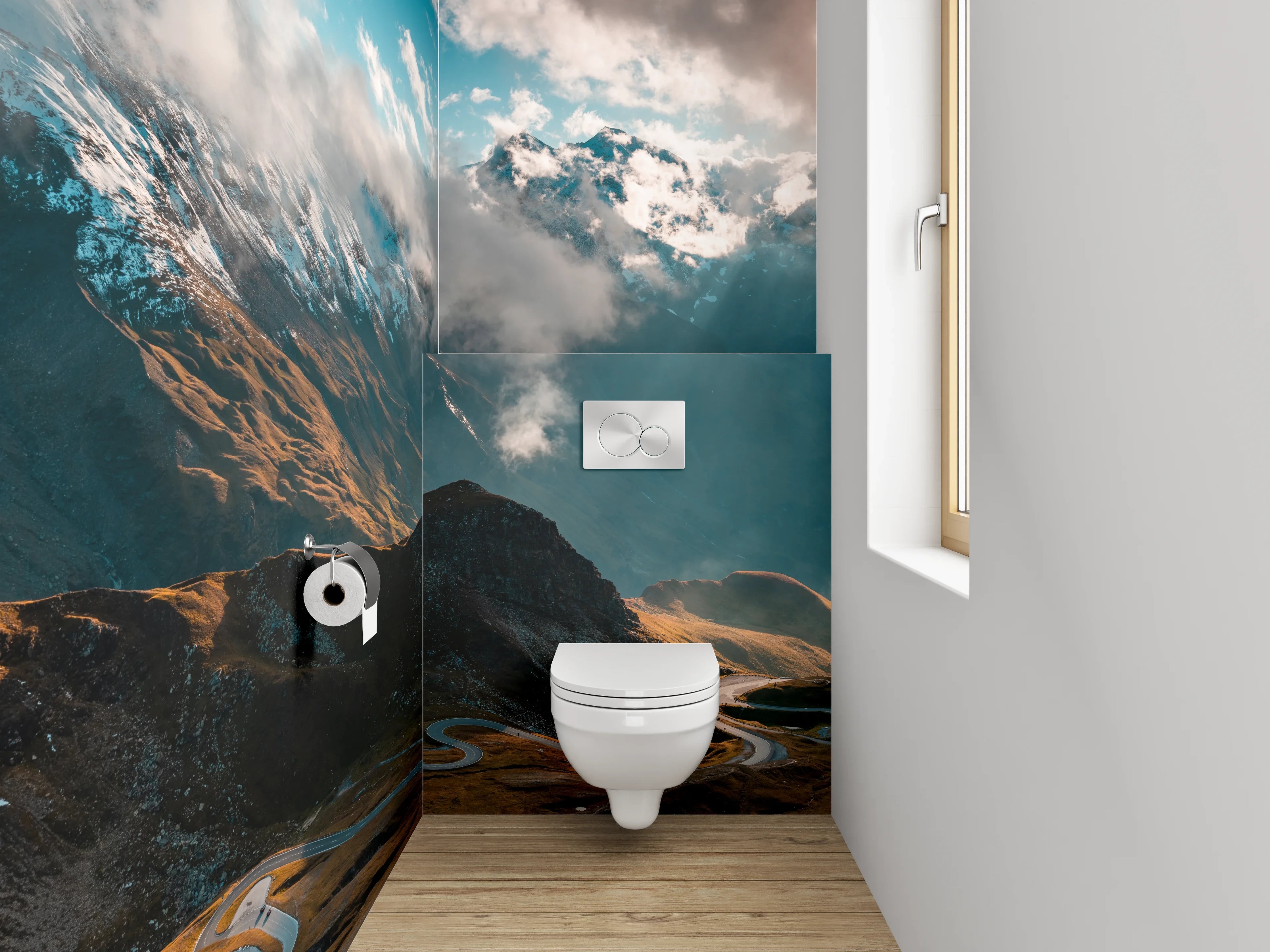WC-Rückwand - Panorama Alpenstraße und Wolken