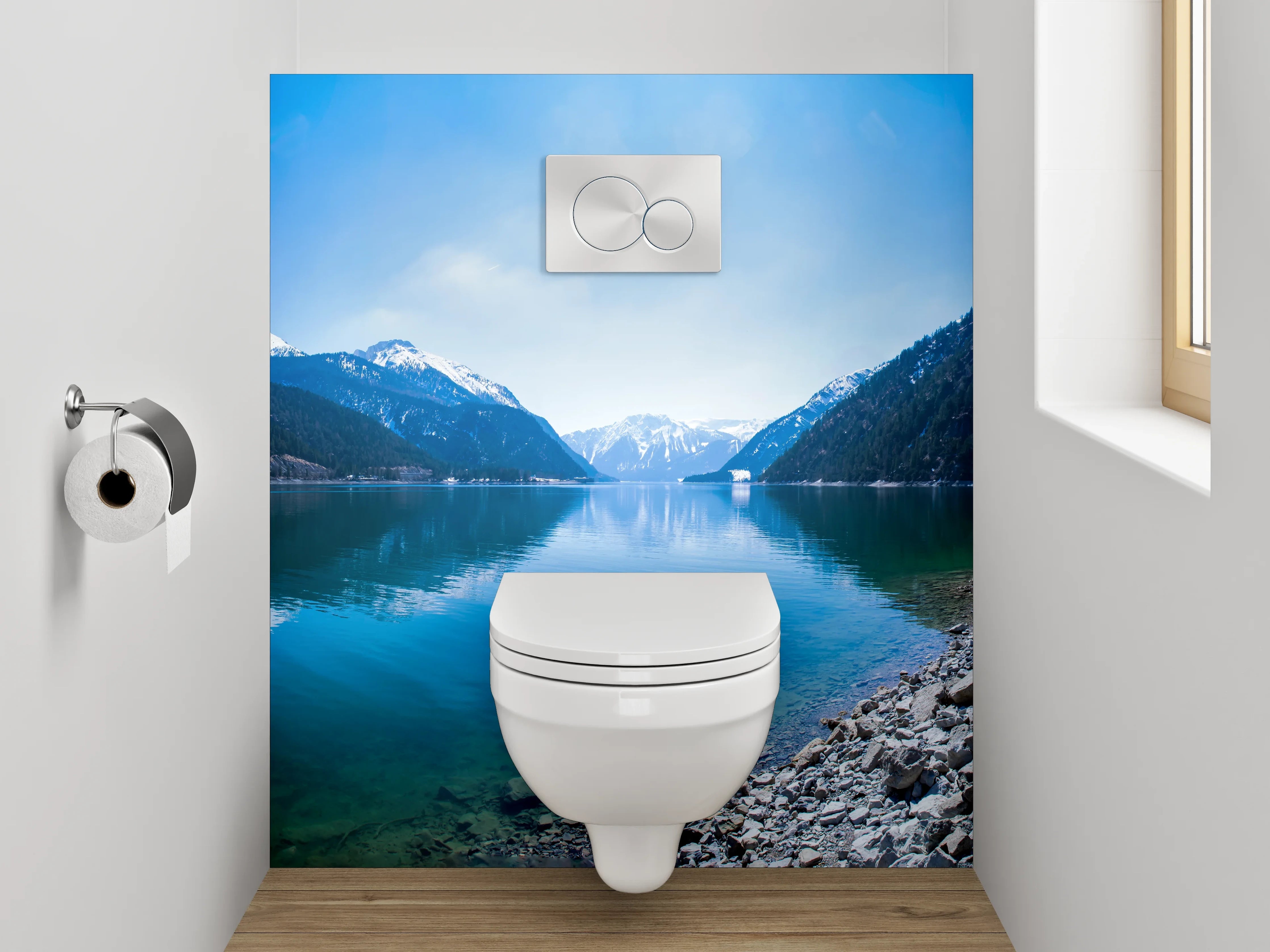 WC-Rückwand - Panorama Bergsee blau grün