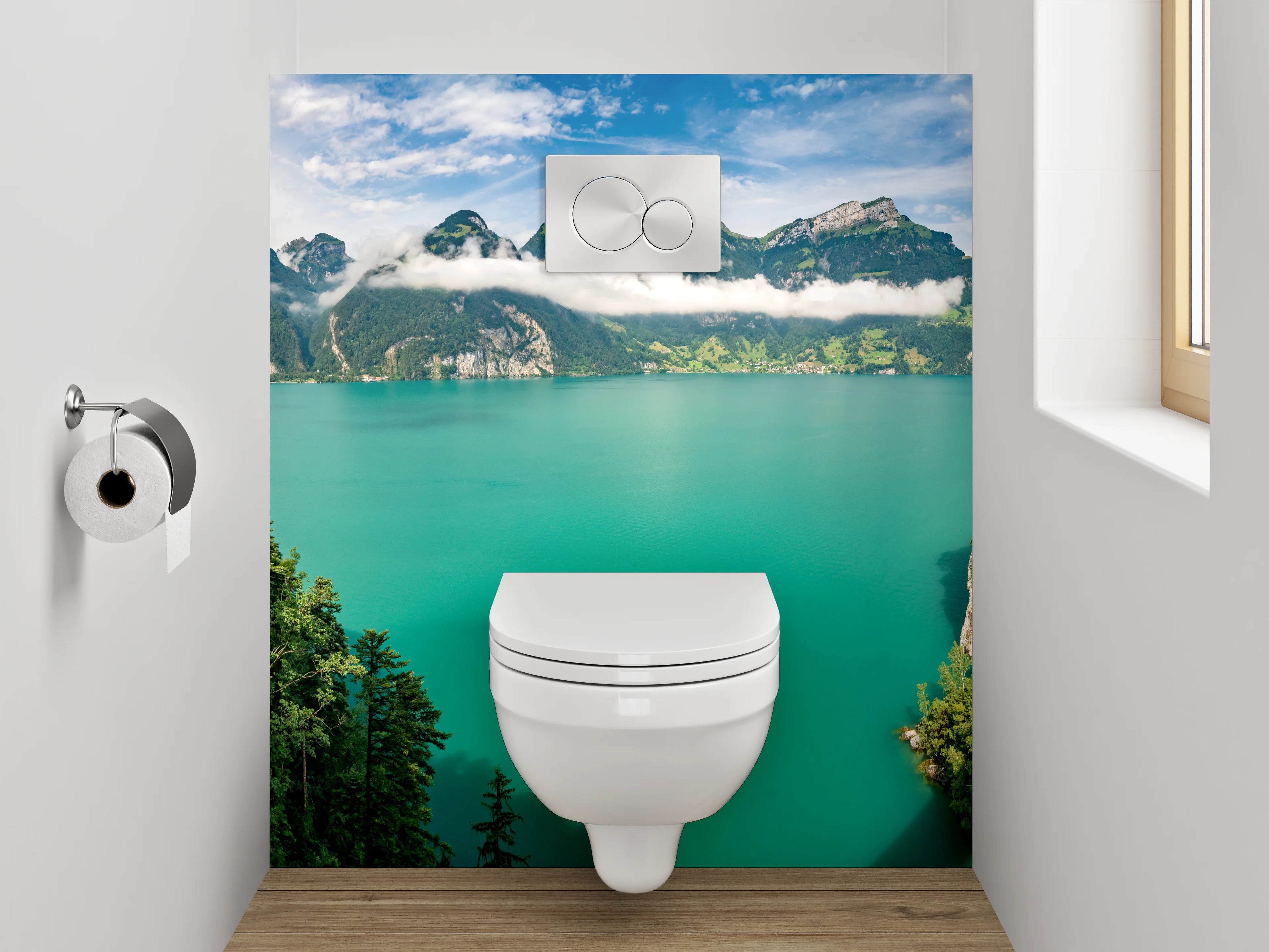 WC-Rückwand - Panorama Bergsee mit Alpenlandschaft