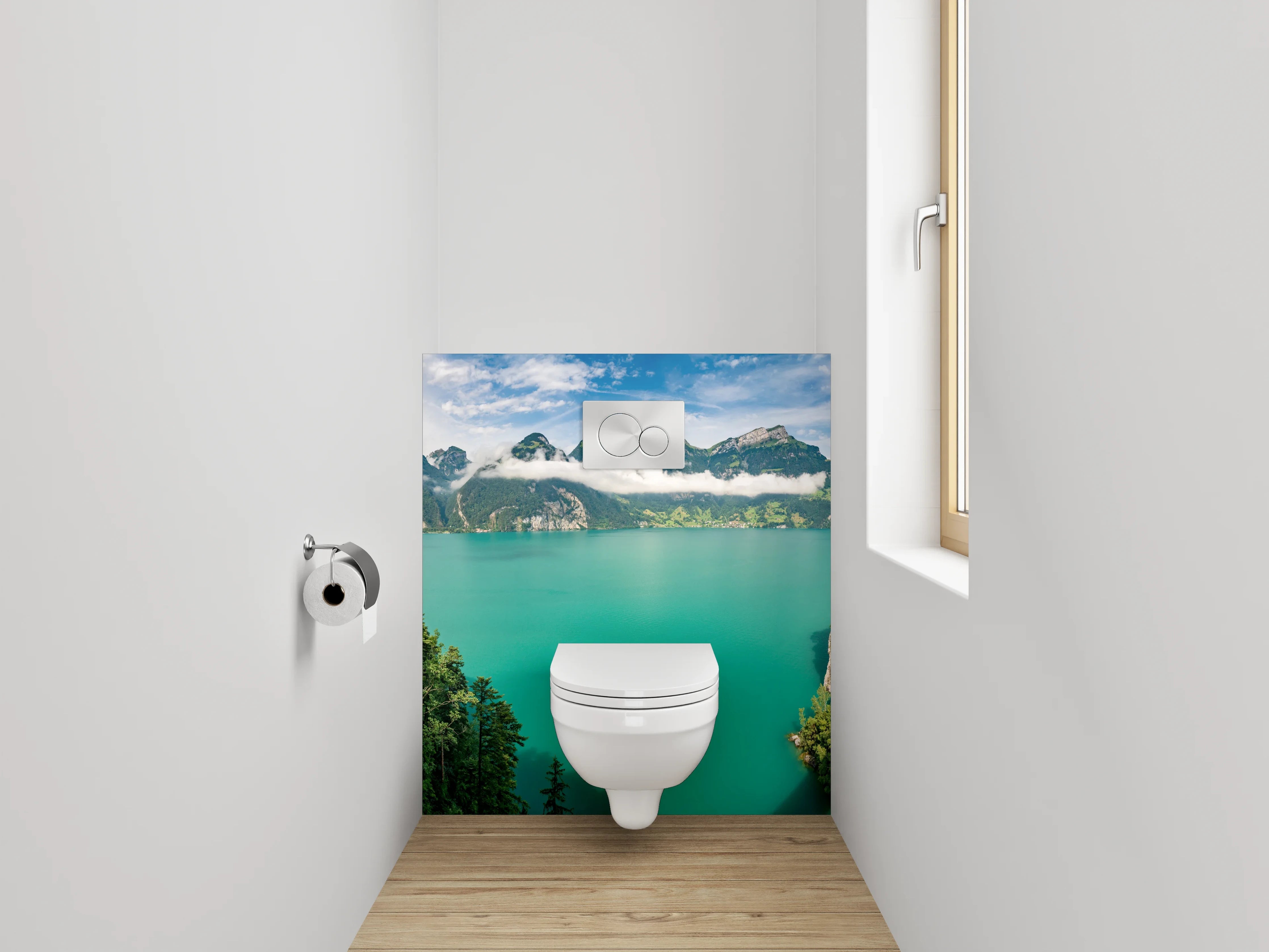 WC-Rückwand - Panorama Bergsee mit Alpenlandschaft