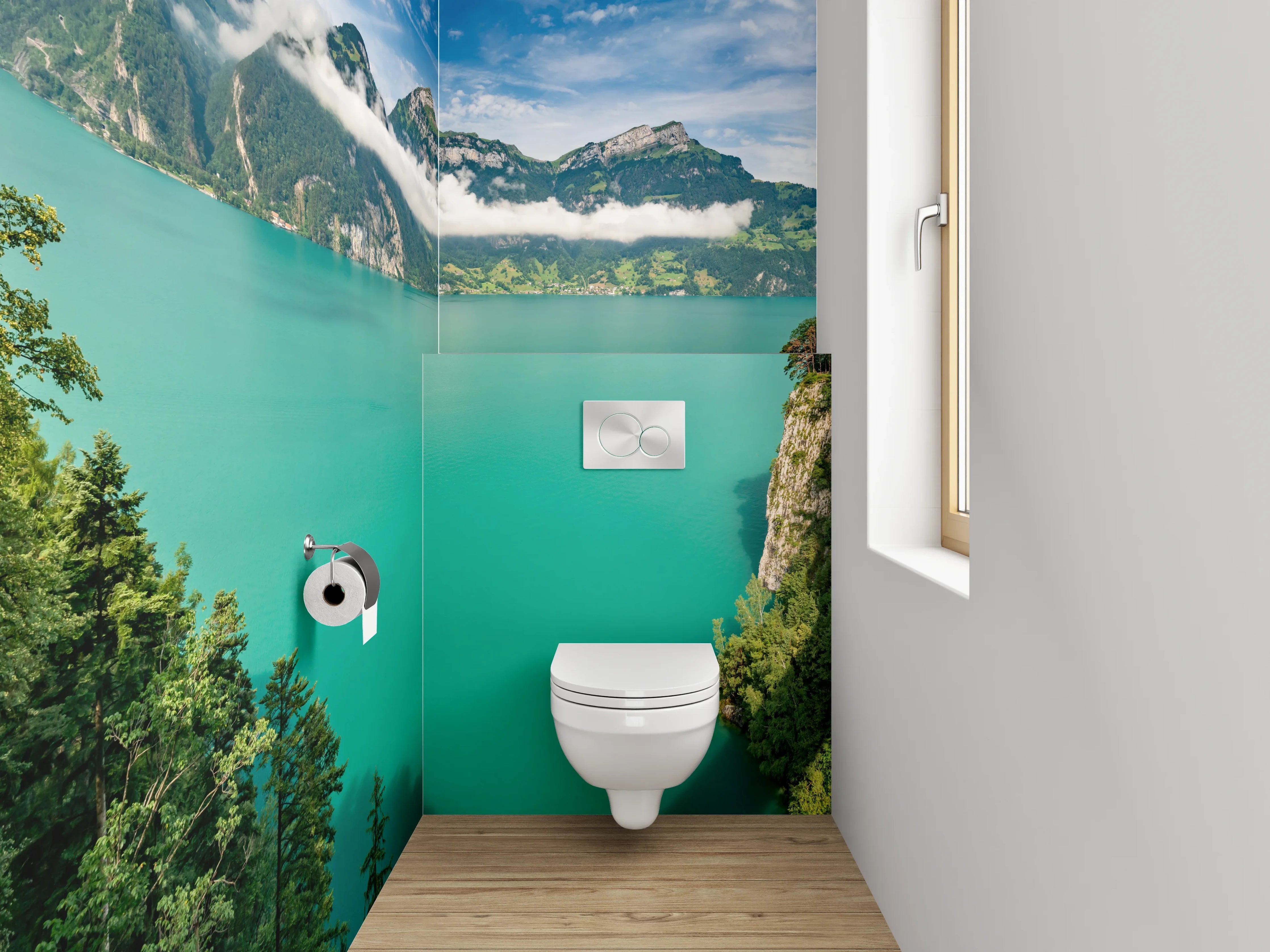WC-Rückwand - Panorama Bergsee mit Alpenlandschaft