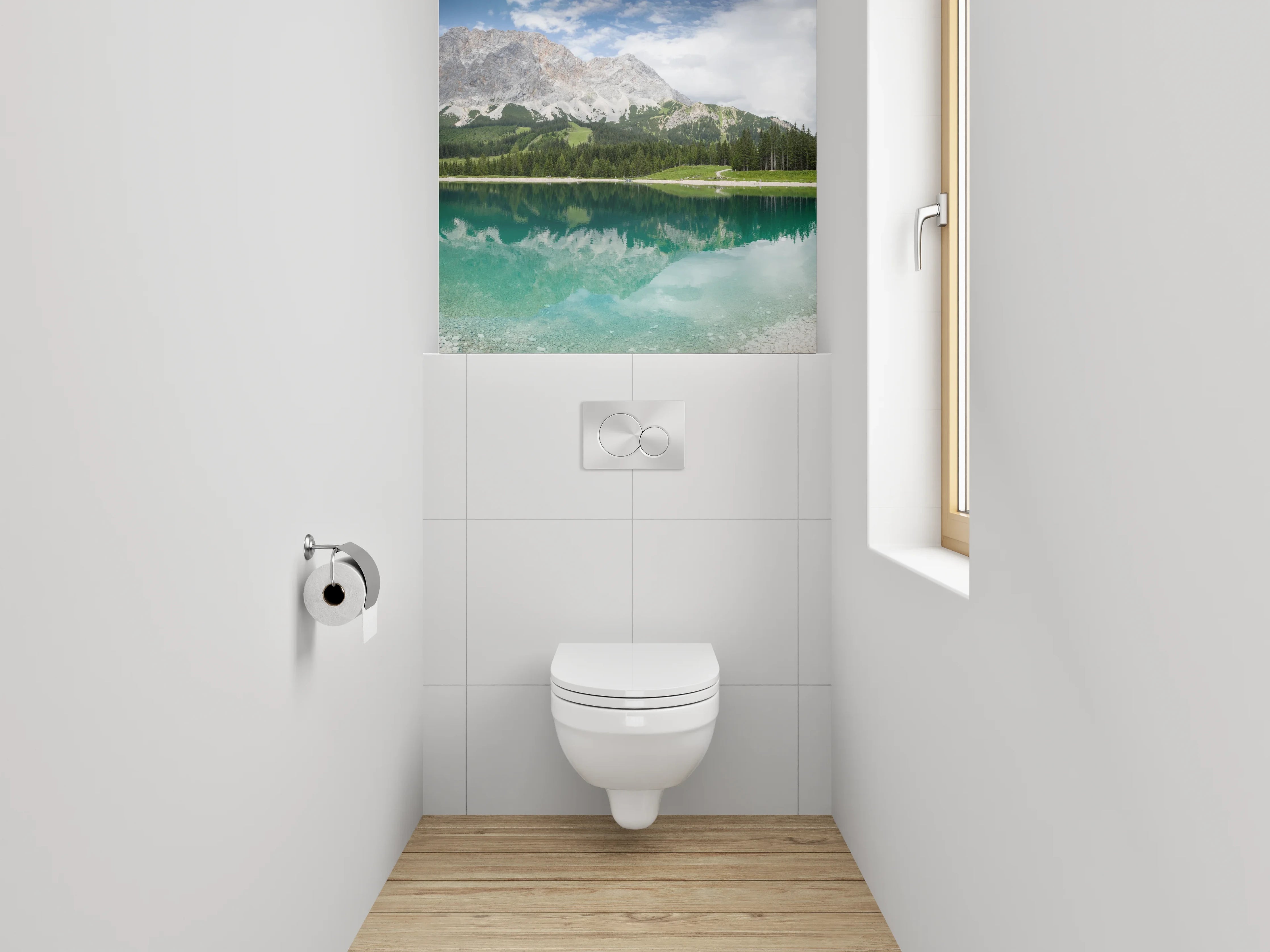 WC-Rückwand - Panorama Bergsee mit Waldspiegelung