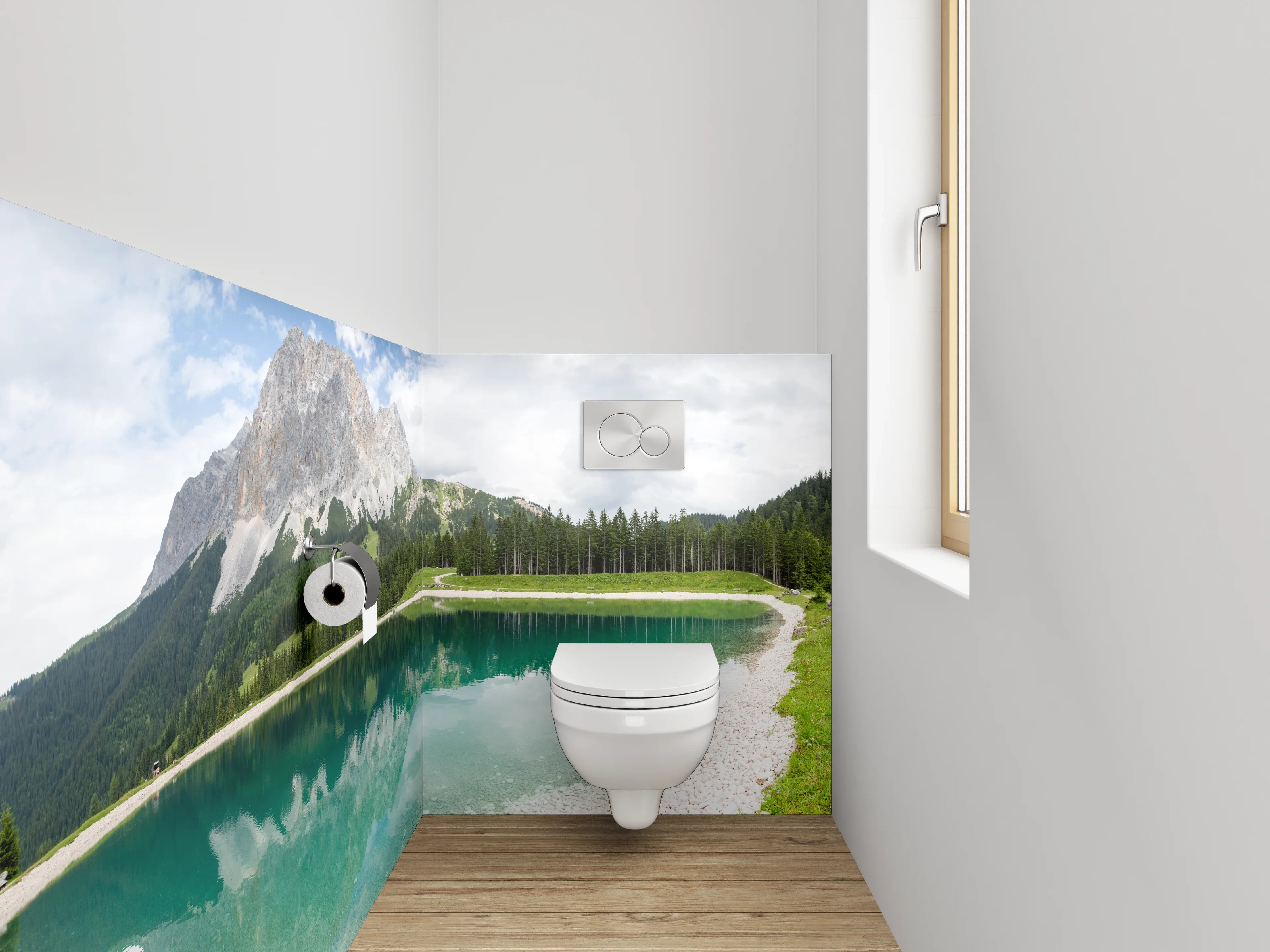 WC-Rückwand - Panorama Bergsee mit Waldspiegelung