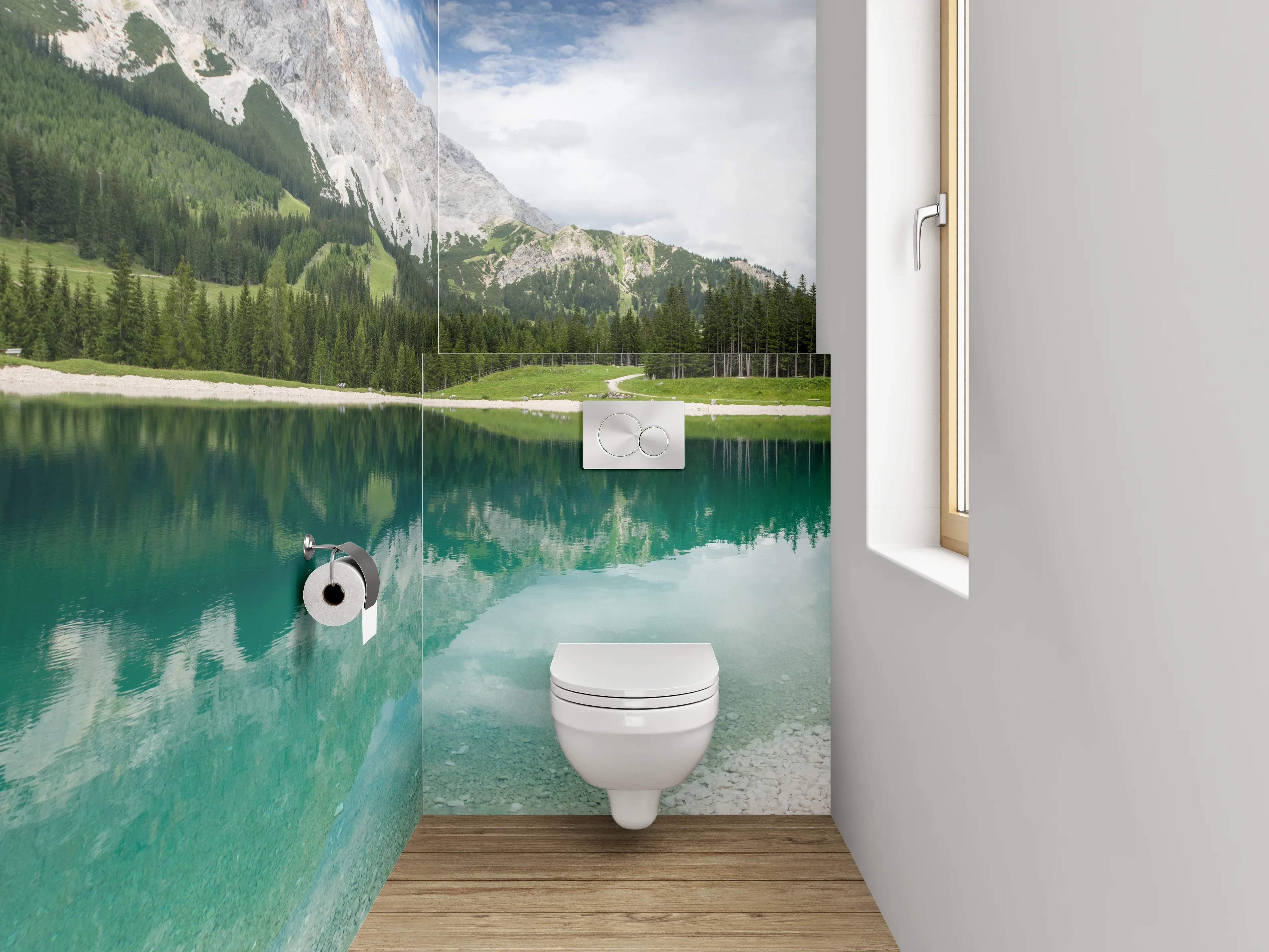 WC-Rückwand - Panorama Bergsee mit Waldspiegelung