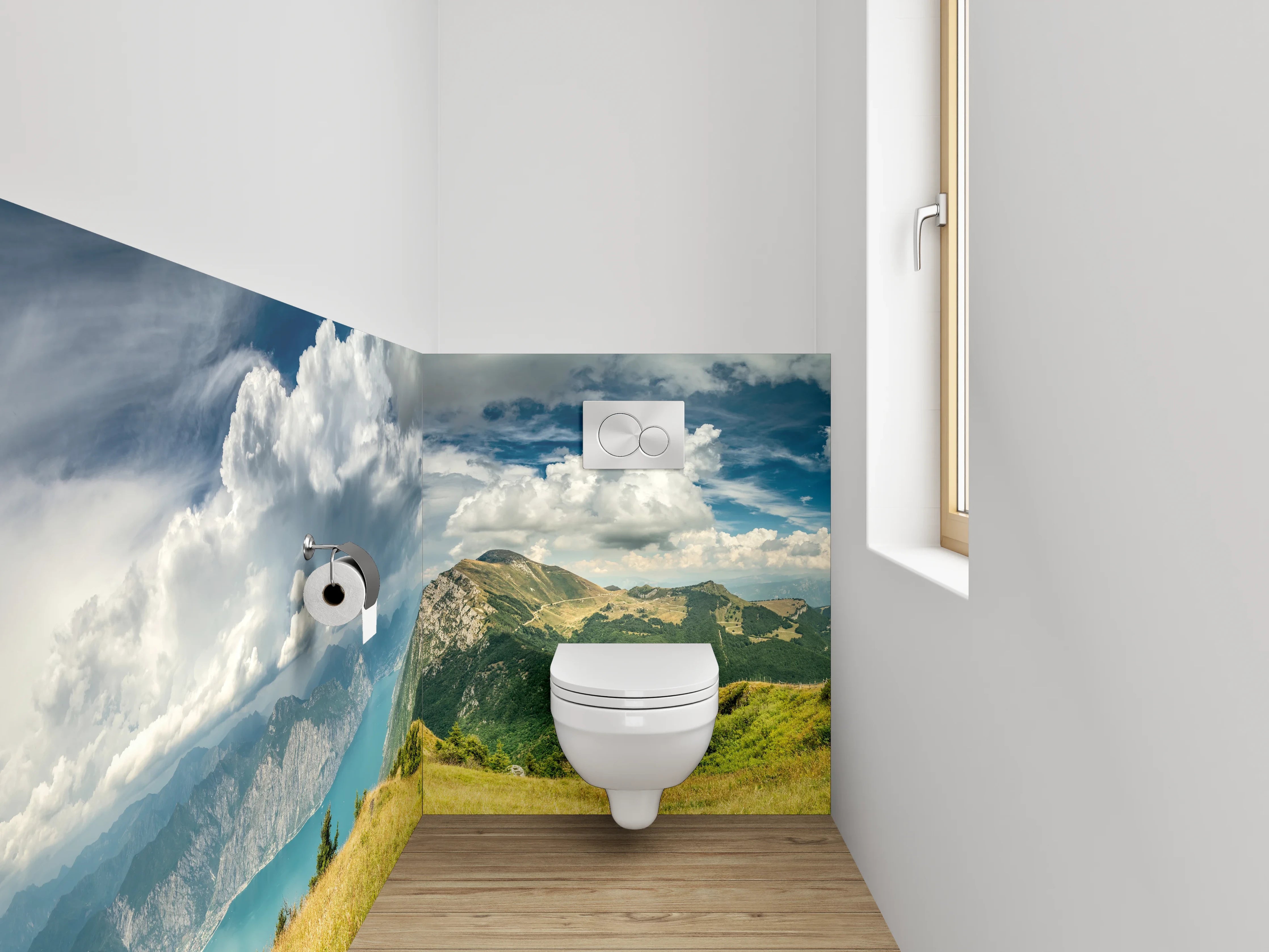 WC-Rückwand - Panorama Blick auf Alpengipfel und See