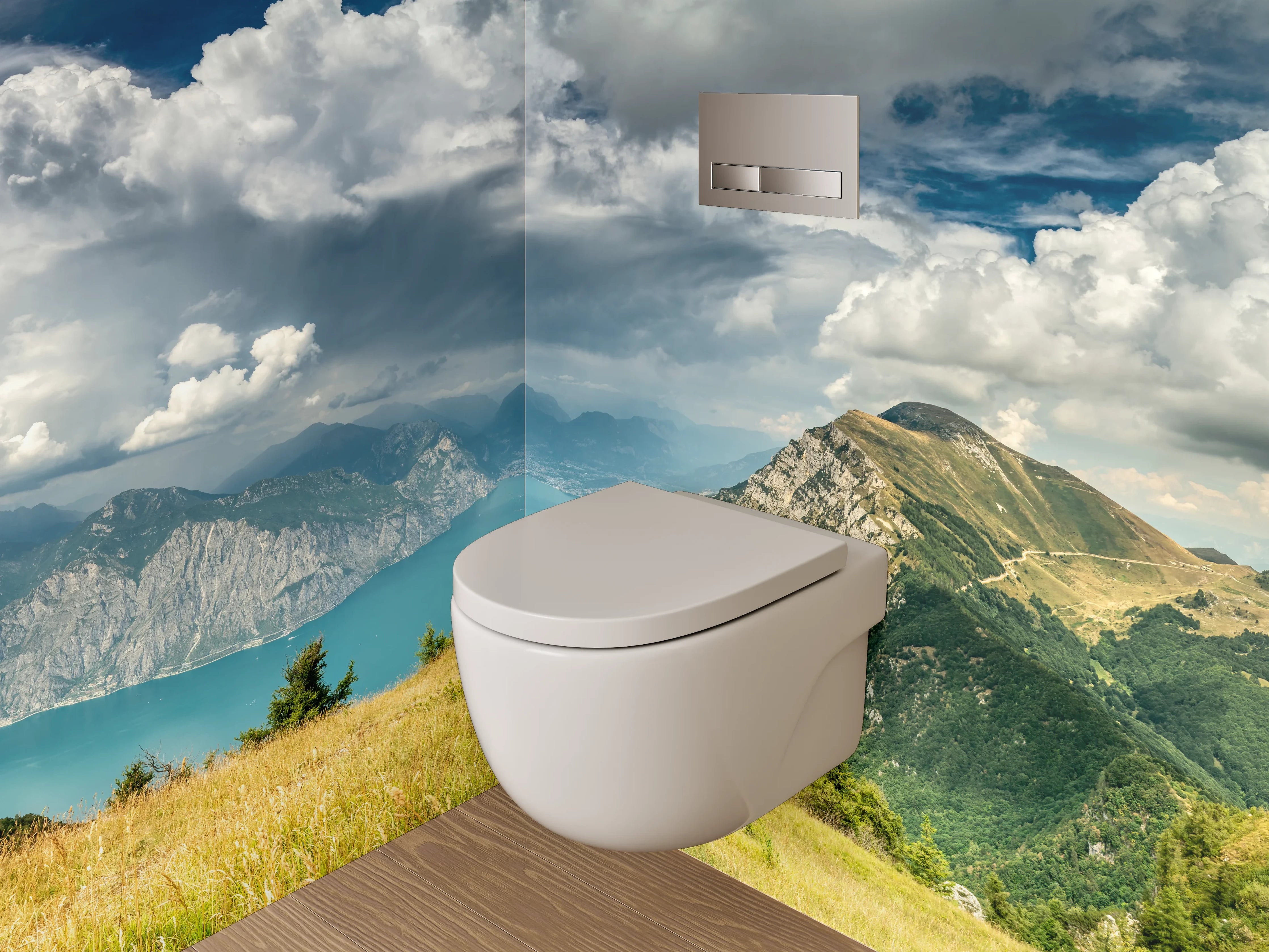 WC-Rückwand - Panorama Blick auf Alpengipfel und See