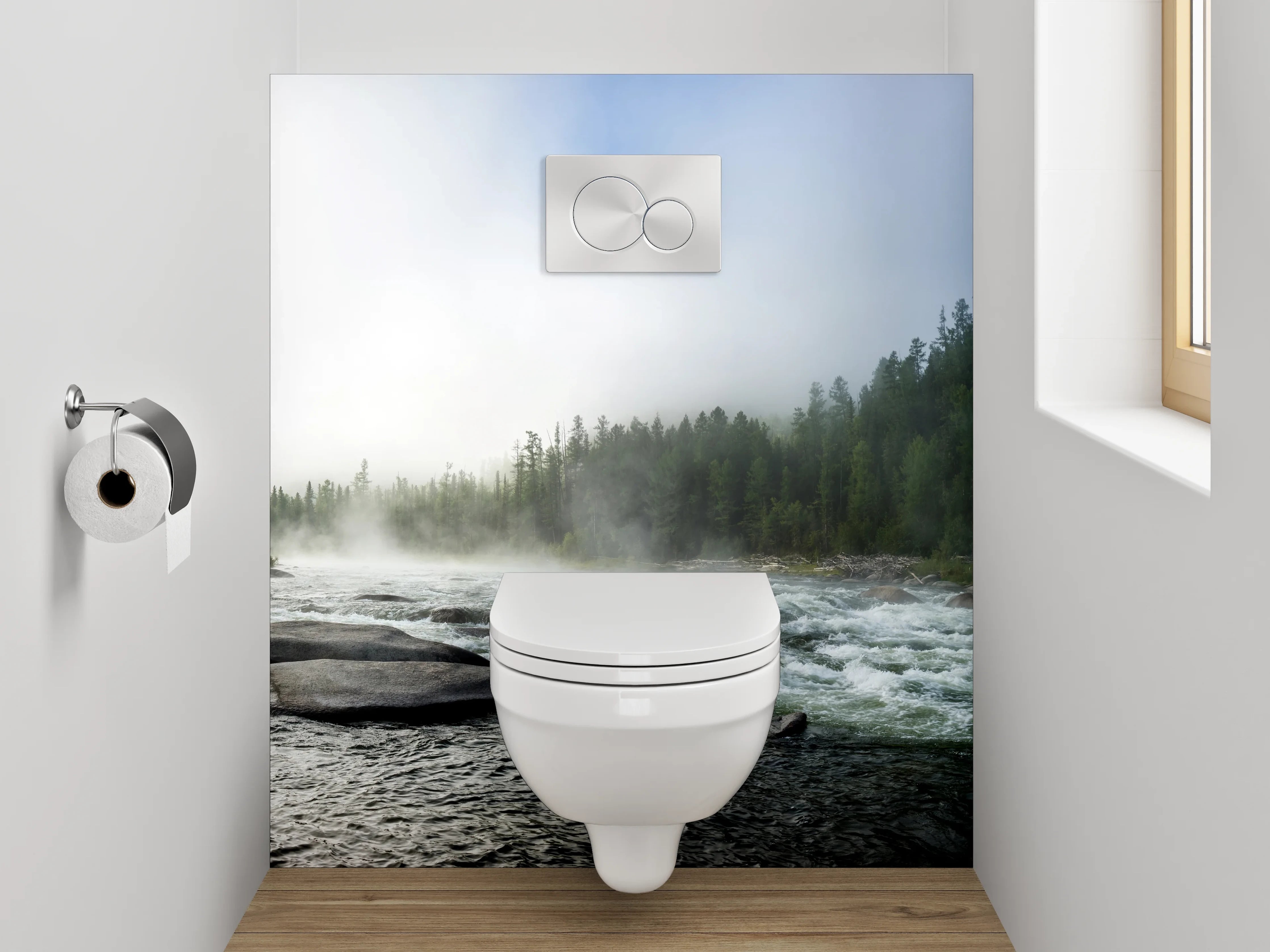 WC-Rückwand - Panorama Flusslandschaft Wald Nebel